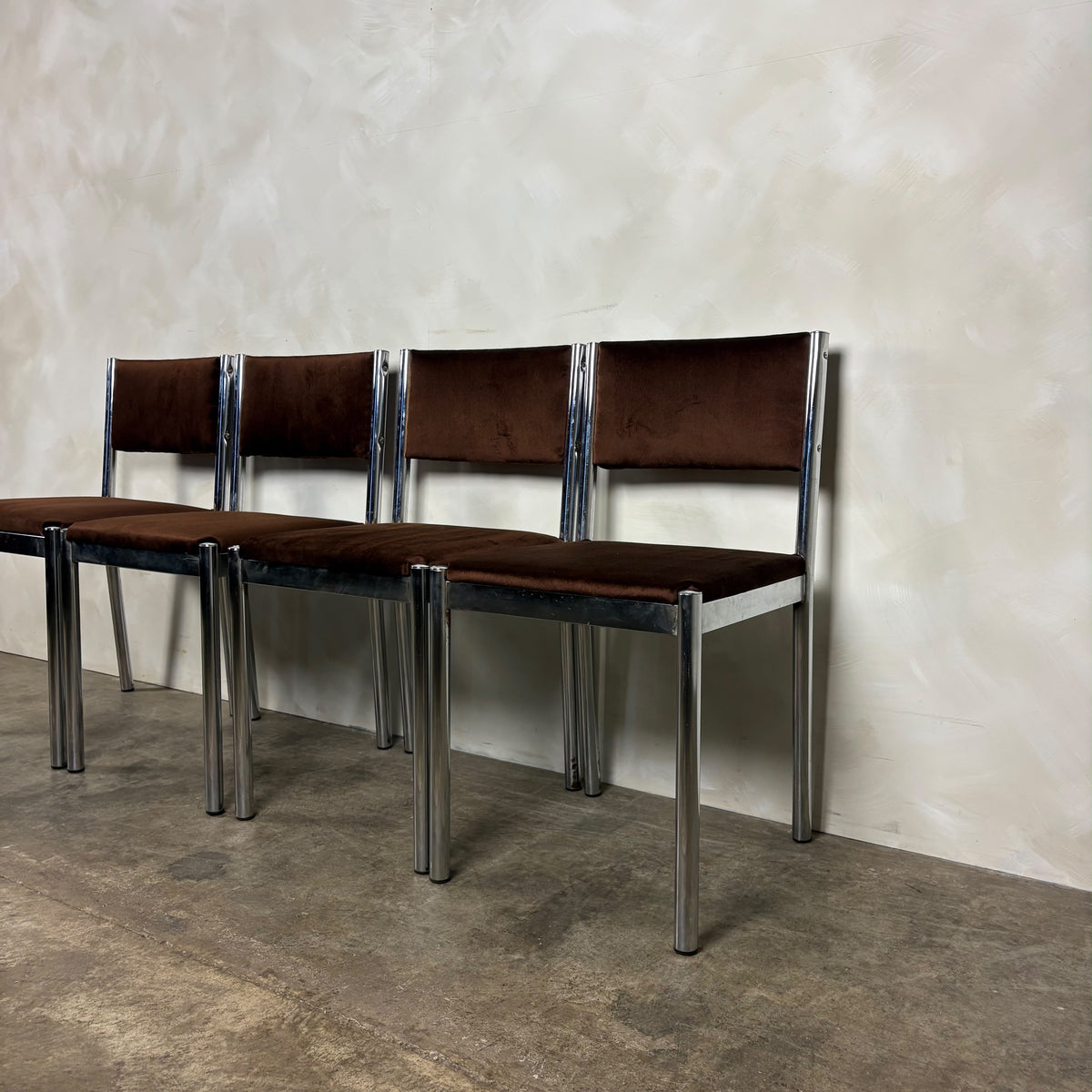 Set Of Four 1970s Chrome Brown Italian Dining Chairs Mid Century Vintage Retro MCM