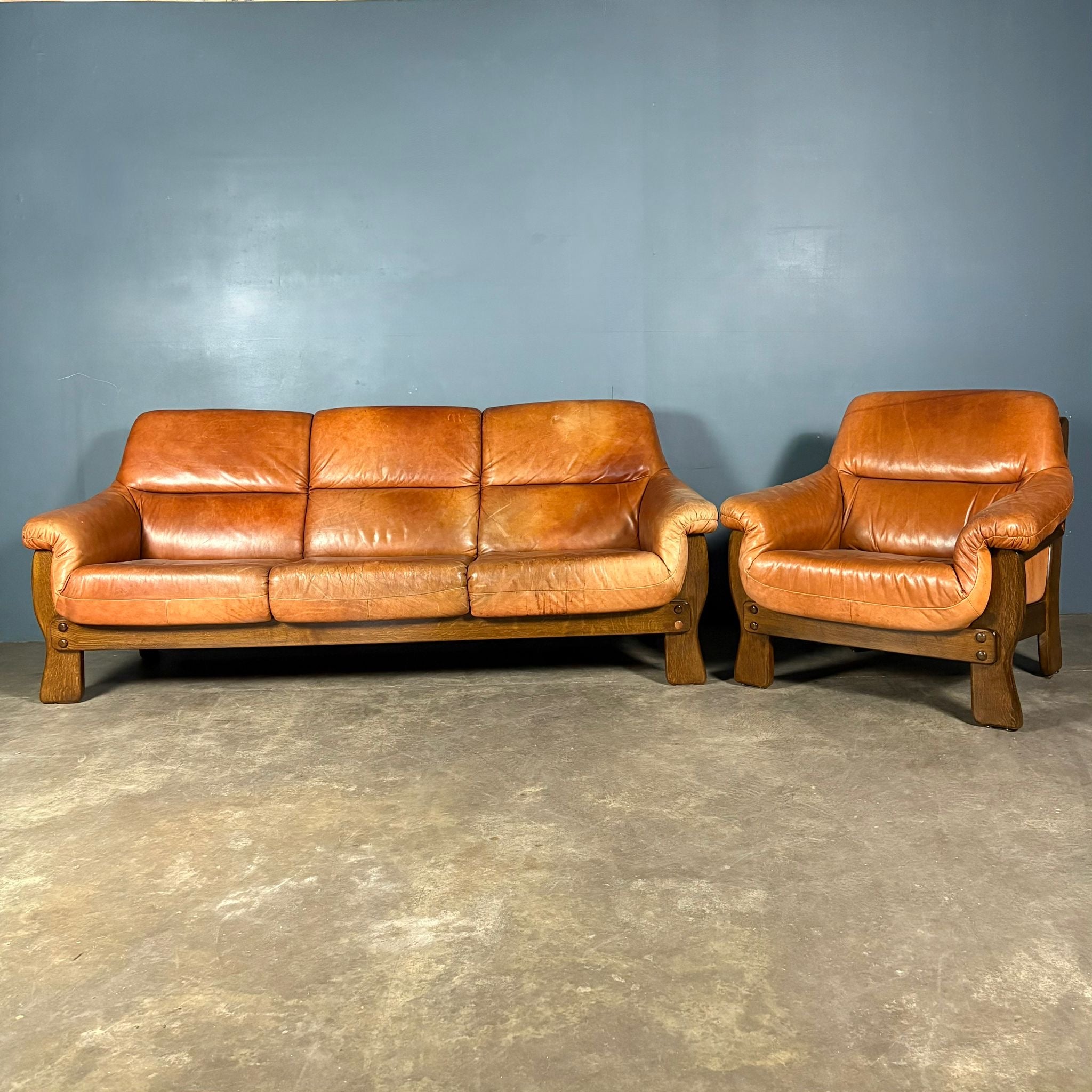Brutalist Leather Three Seater Sofa & Matching Armchair Percival Lafer Style Mid Century Vintage Retro MCM