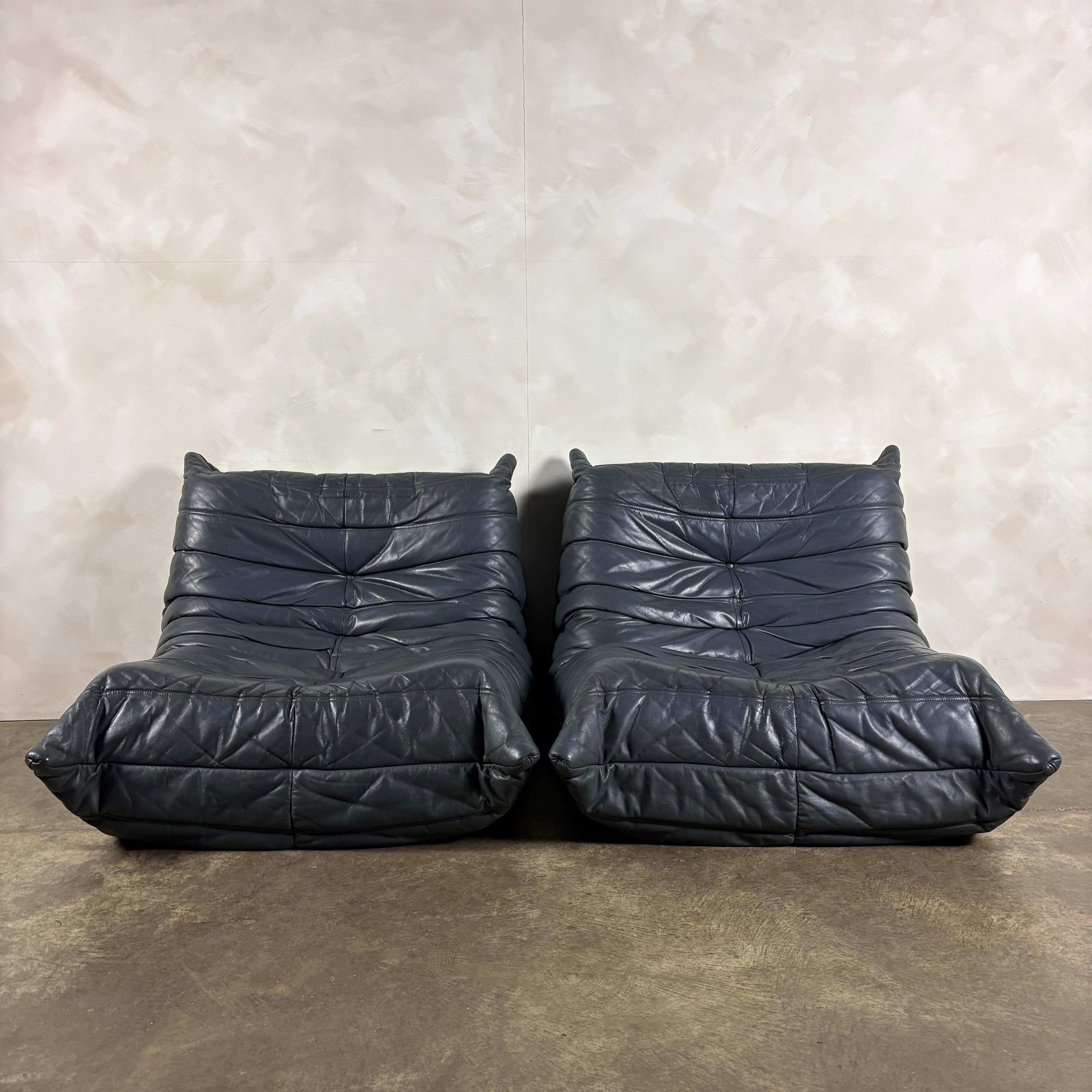Togo Sofa Set Michel Ducaroy Ligne Roset Grey Leather Mid Century Vintage Retro MCM