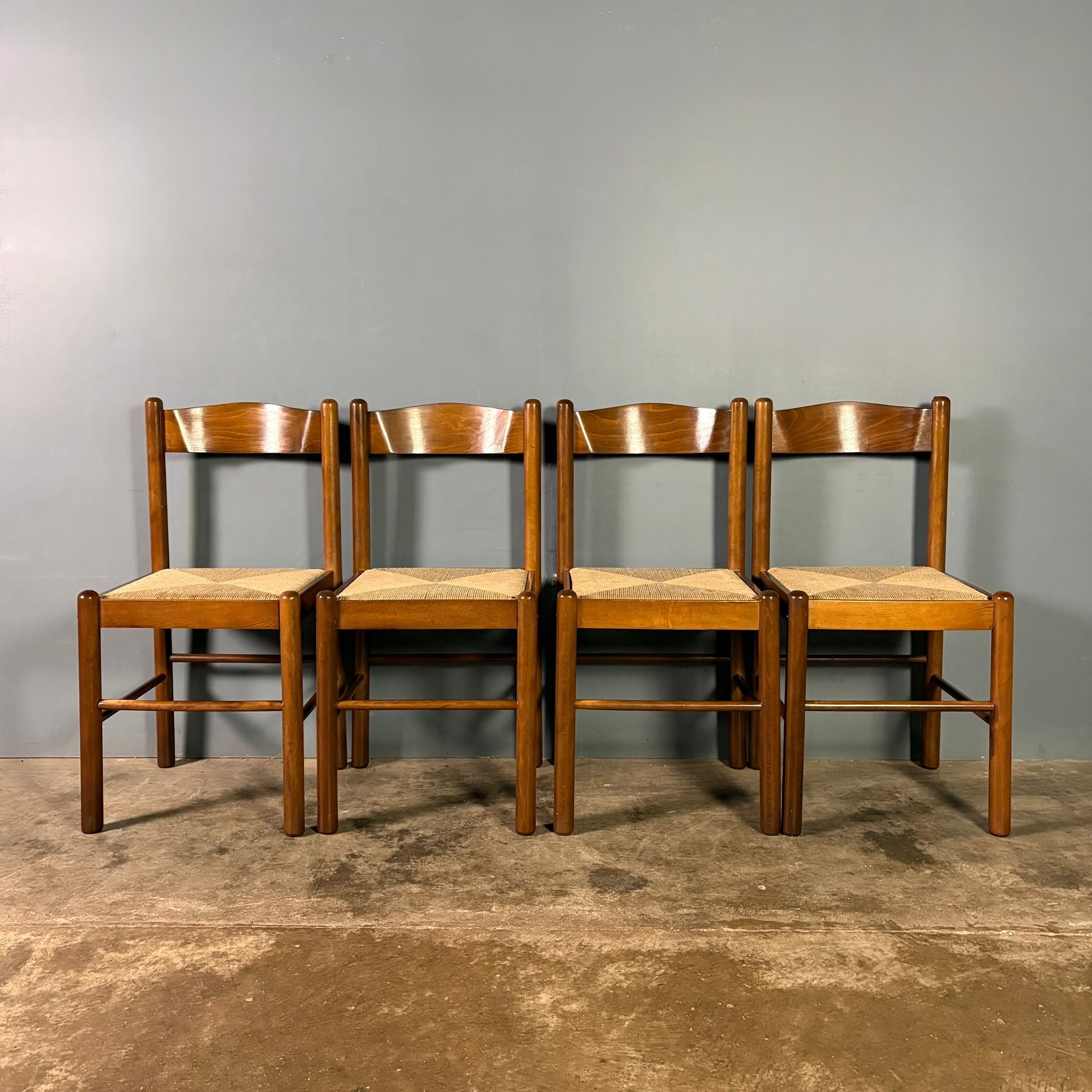 Set Of Four Rush Papercord Seat Dining Chairs Mid Century Vintage Retro MCM