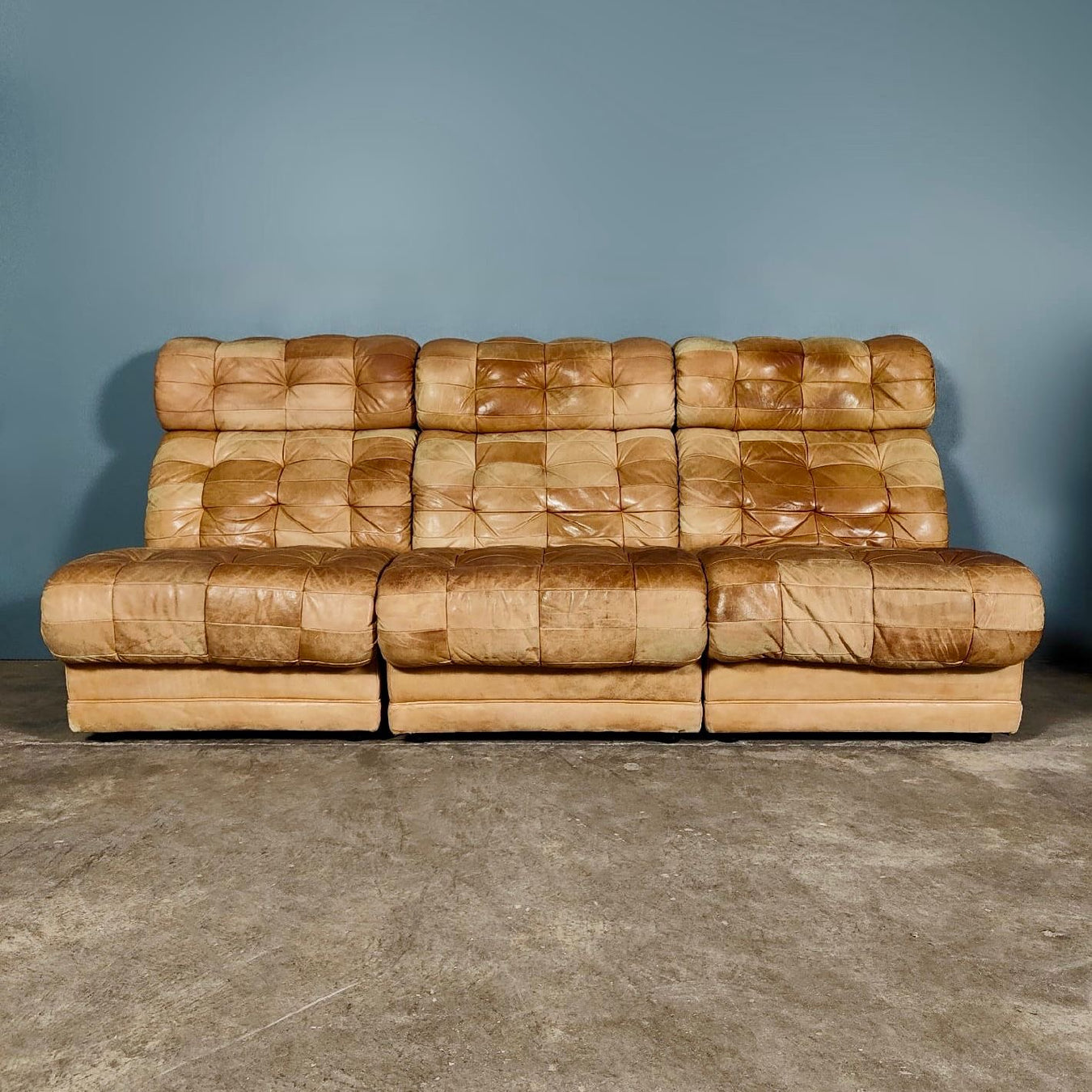Three Light Brown Tan Leather Patchwork Modular Sofa/Chairs De Sede Style Mid Century Vintage Retro MCM