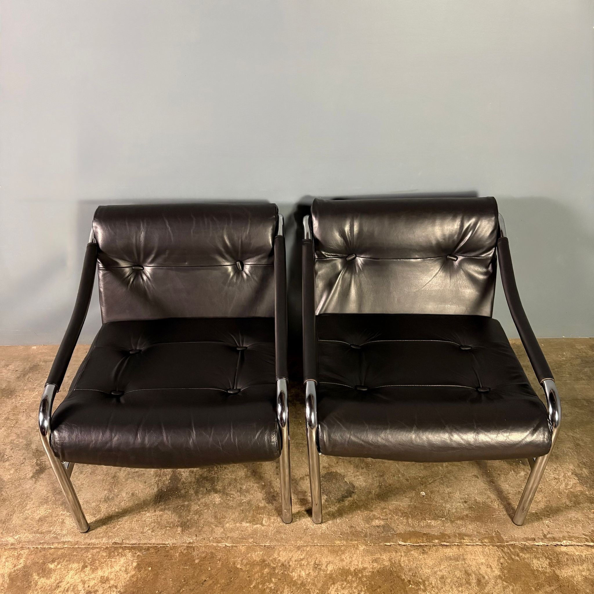 SOLD Mid Century Pair Of Pieff Beta Black Leather Lounge Chairs Vintage Retro MCM