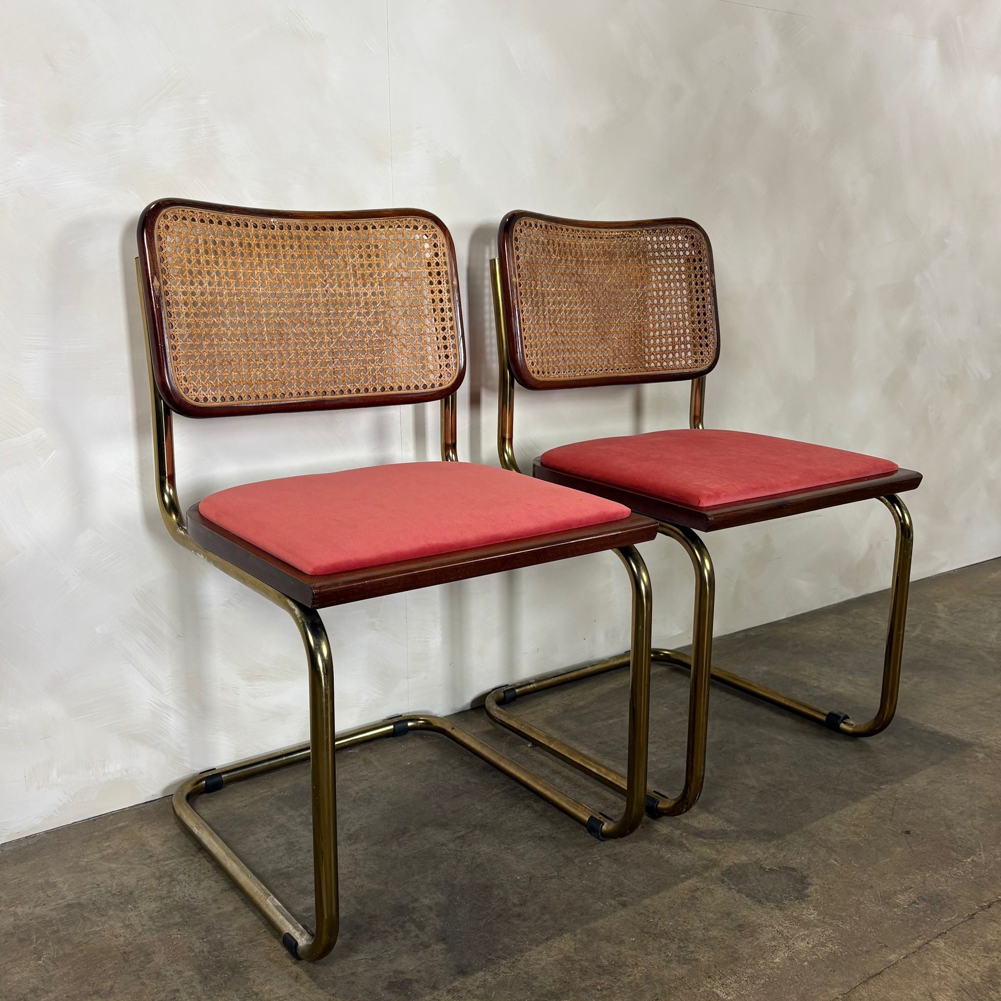 Four Brass Pink Cane Rattan Marcel Breuer Cesca Dining Chairs Mid Century Vintage Retro MCM