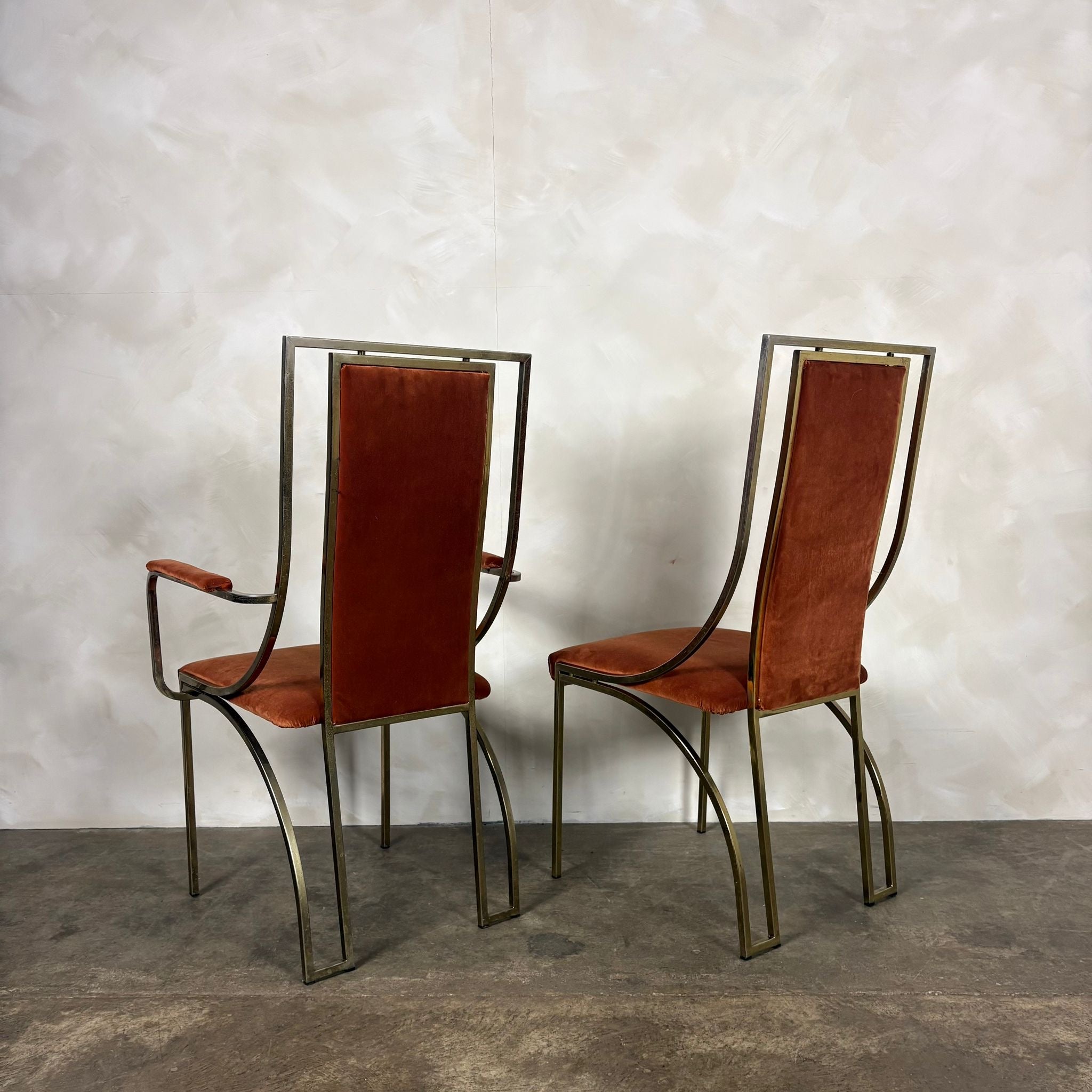 Six Italian Renato Zevi Orange Brass Dining Chairs 1970s Mid Century Vintage Retro MCM