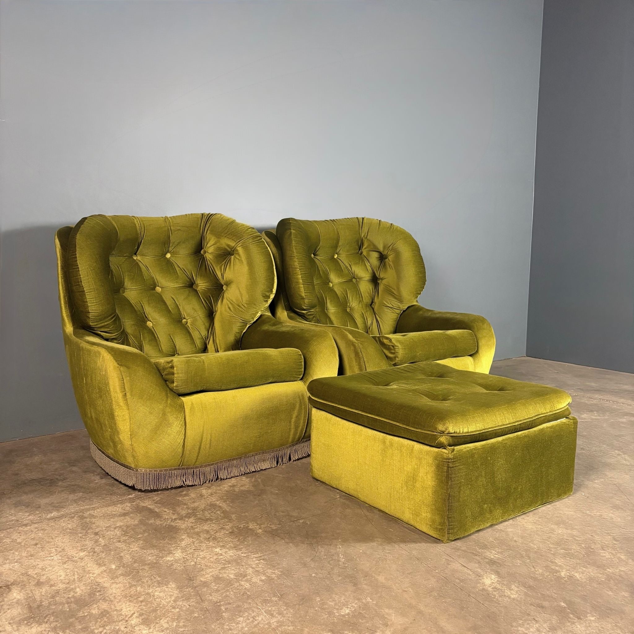 Mid Century Pair Of Armchairs & Footstool Green Velvet Vintage Retro MCM
