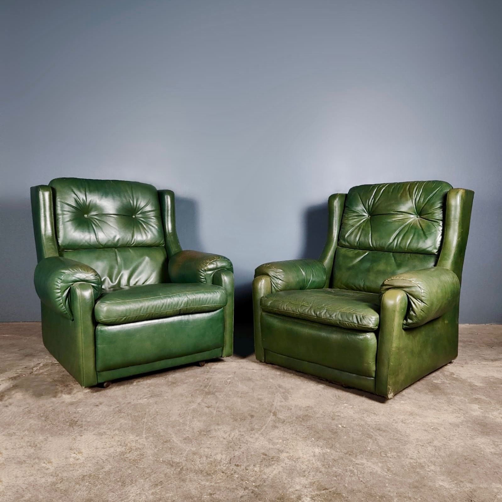 SOLD Pair Of Gimson & Slater Mid Century Green Leather Armchairs Chairs Vintage Retro MCM