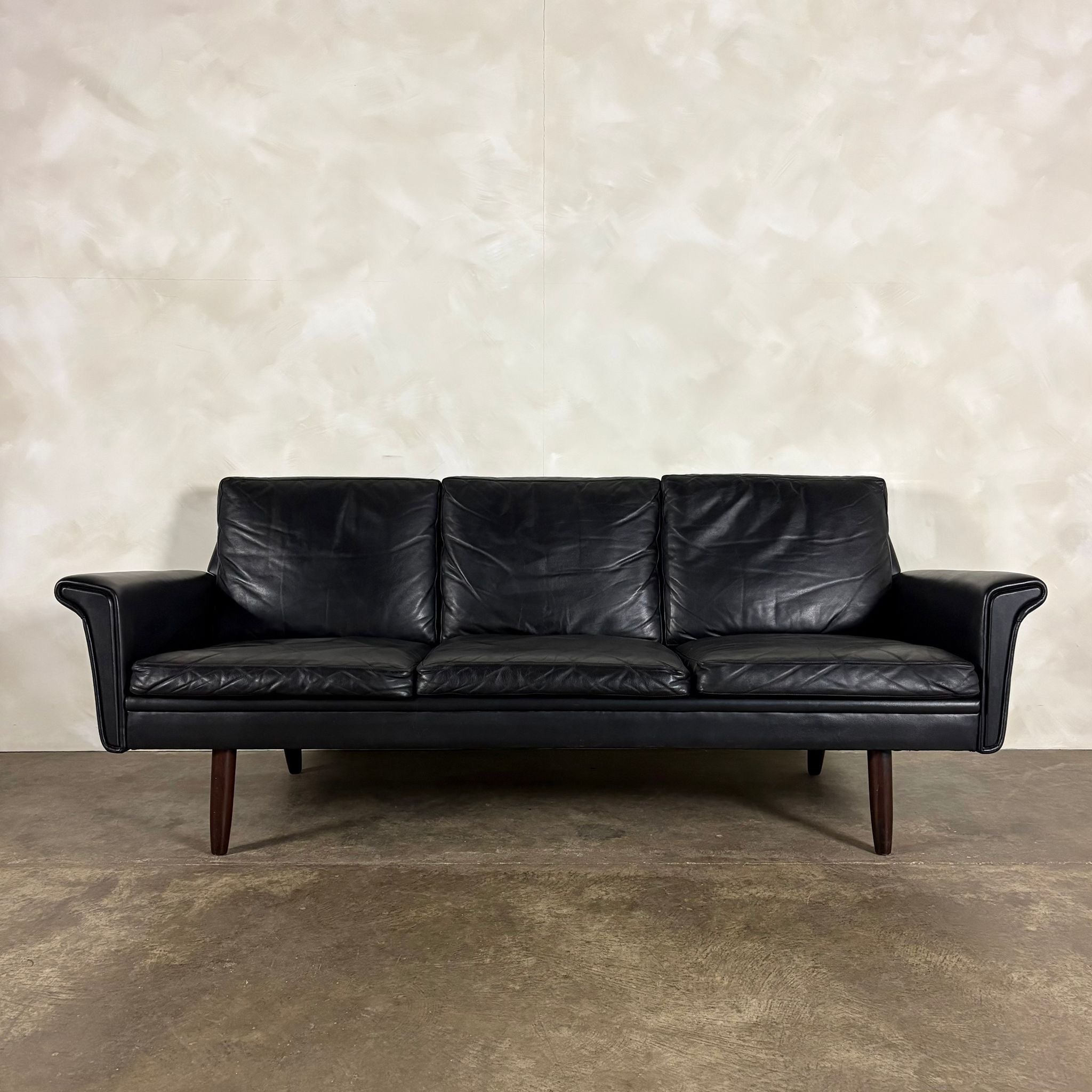 Black Leather Three Seater Sofa Danish 1960s Mid Century Vintage Retro MCM