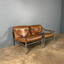 Mid Century Pair Of Pieff Beta Tan Brown Leather Lounge Chairs Vintage Retro MCM