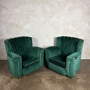 Vintage Art Deco Three Seater Sofa & Pair Of Armchairs In Emerald Turquoise Green Velvet