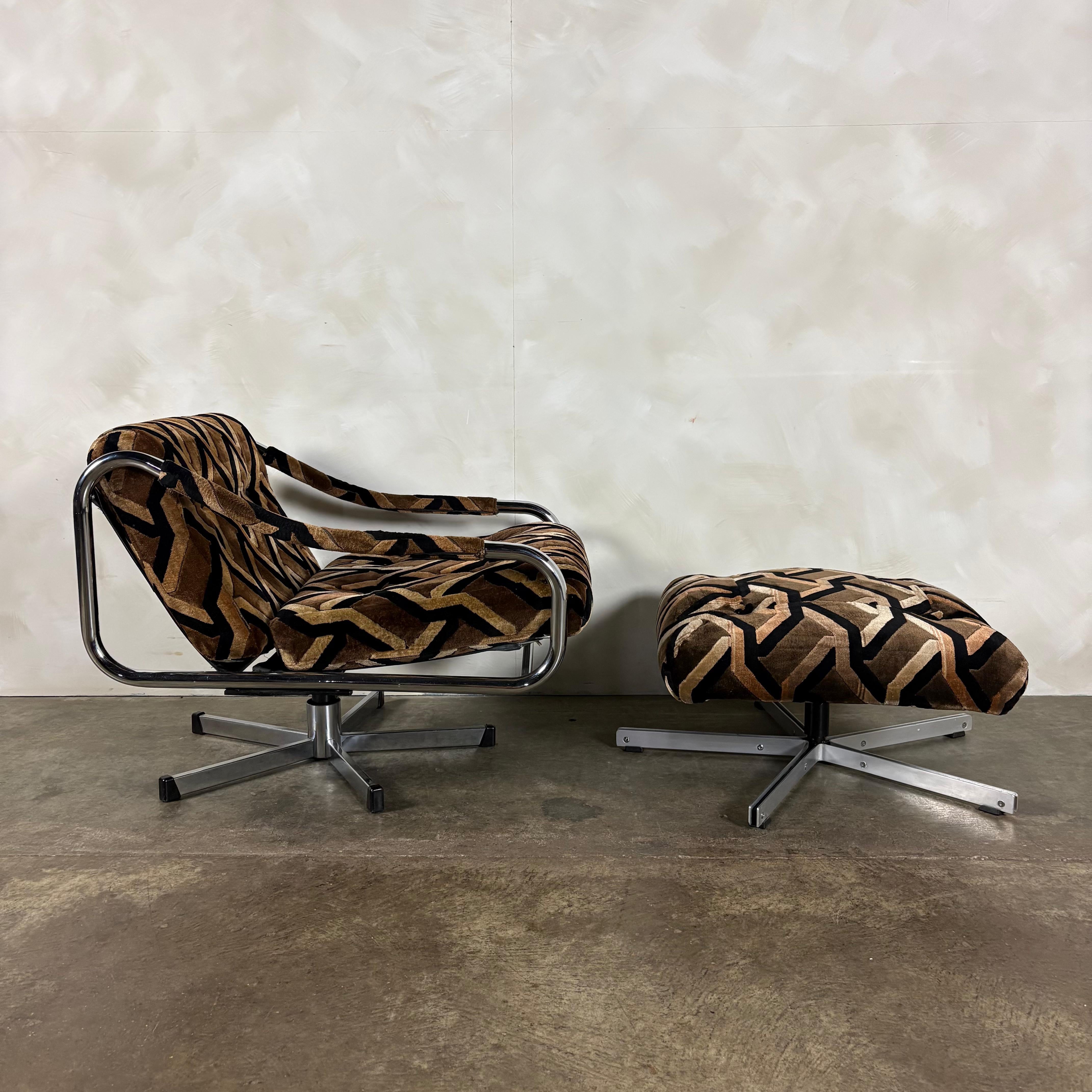 Pair Of Pieff Beta Swivel Lounge Chairs Geometric Fabric Footstool Mid Century Vintage Retro MCM