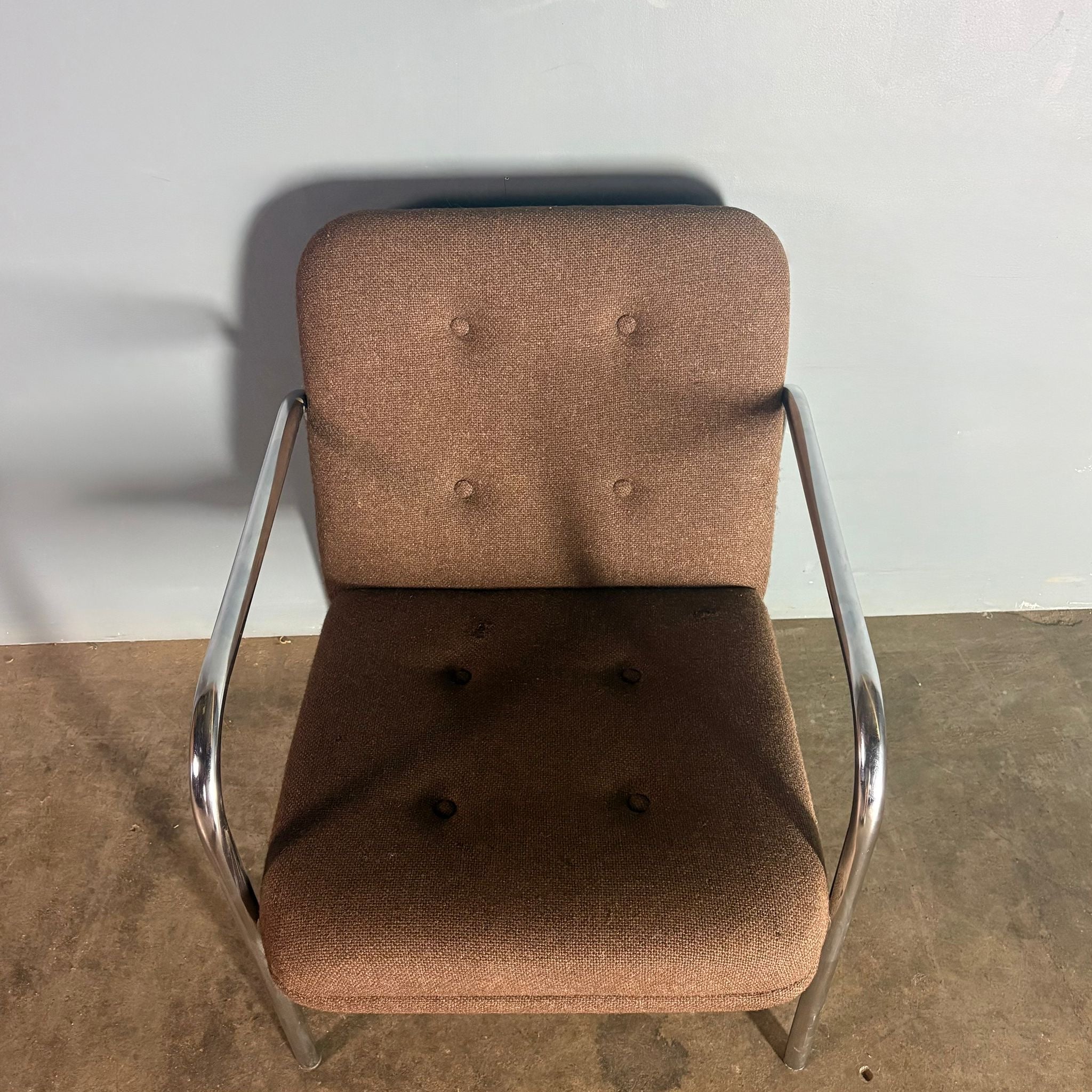 SOLD Pair Of Brown Wool Chrome Lounge Chairs Mid Century Vintage Retro MCM