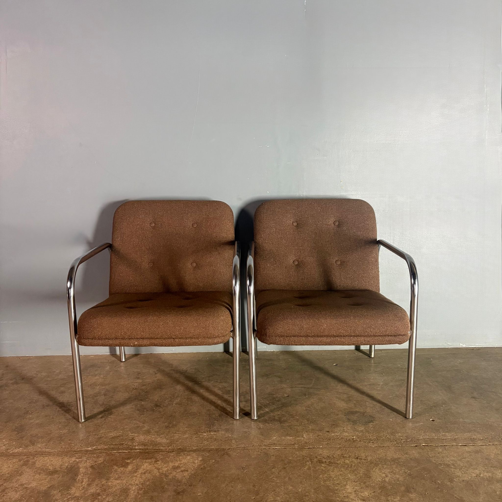 SOLD Pair Of Brown Wool Chrome Lounge Chairs Mid Century Vintage Retro MCM