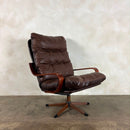 Scandinavian Swivel Brown Leather Lounge Chair Mid Century Vintage Retro MCM