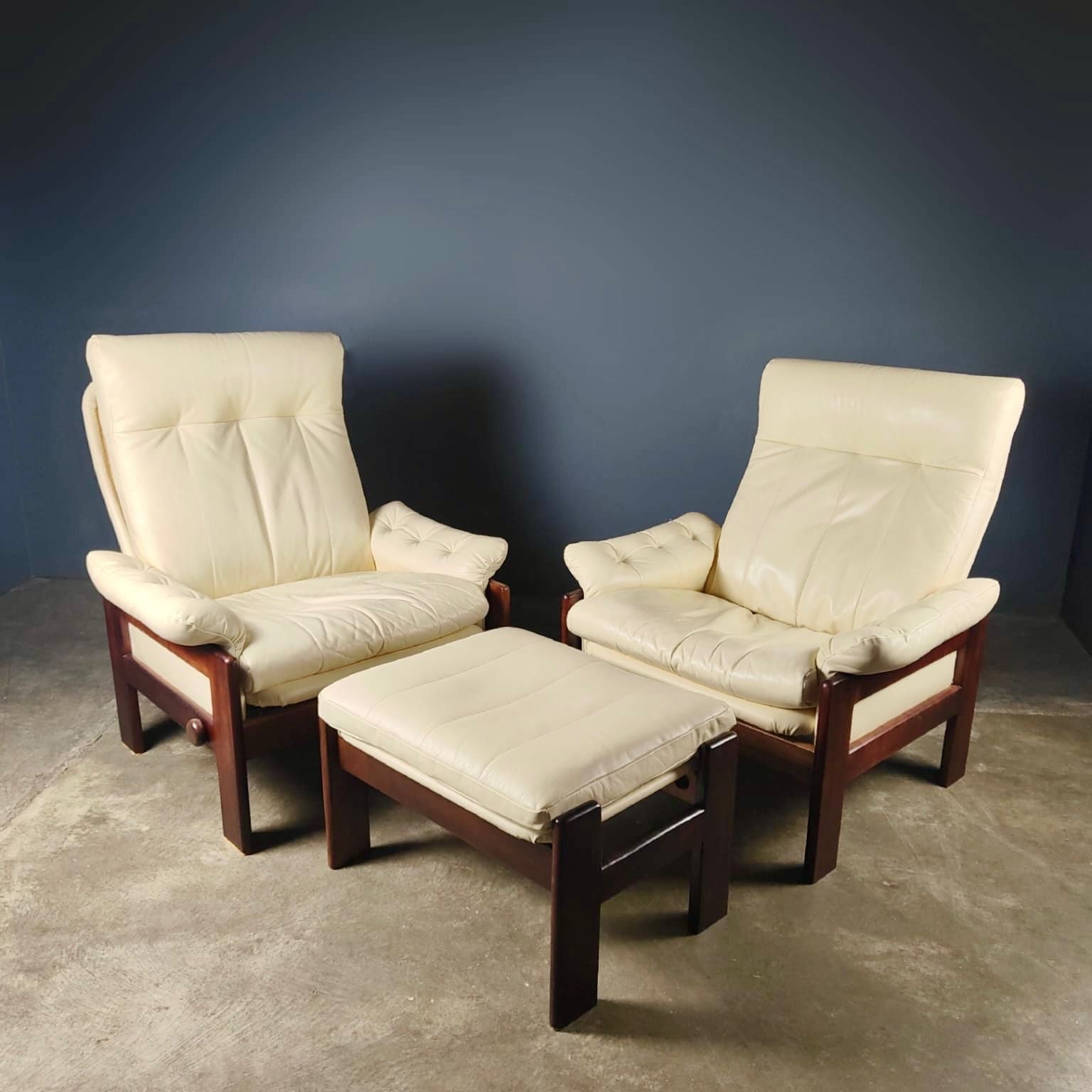 SOLD Pair Of Skippers Møbler Durup Of White Atlanta Leather Reclining Lounge Chairs & Footstool By Sven Ellekar Mid Century Vintage Retro MCM