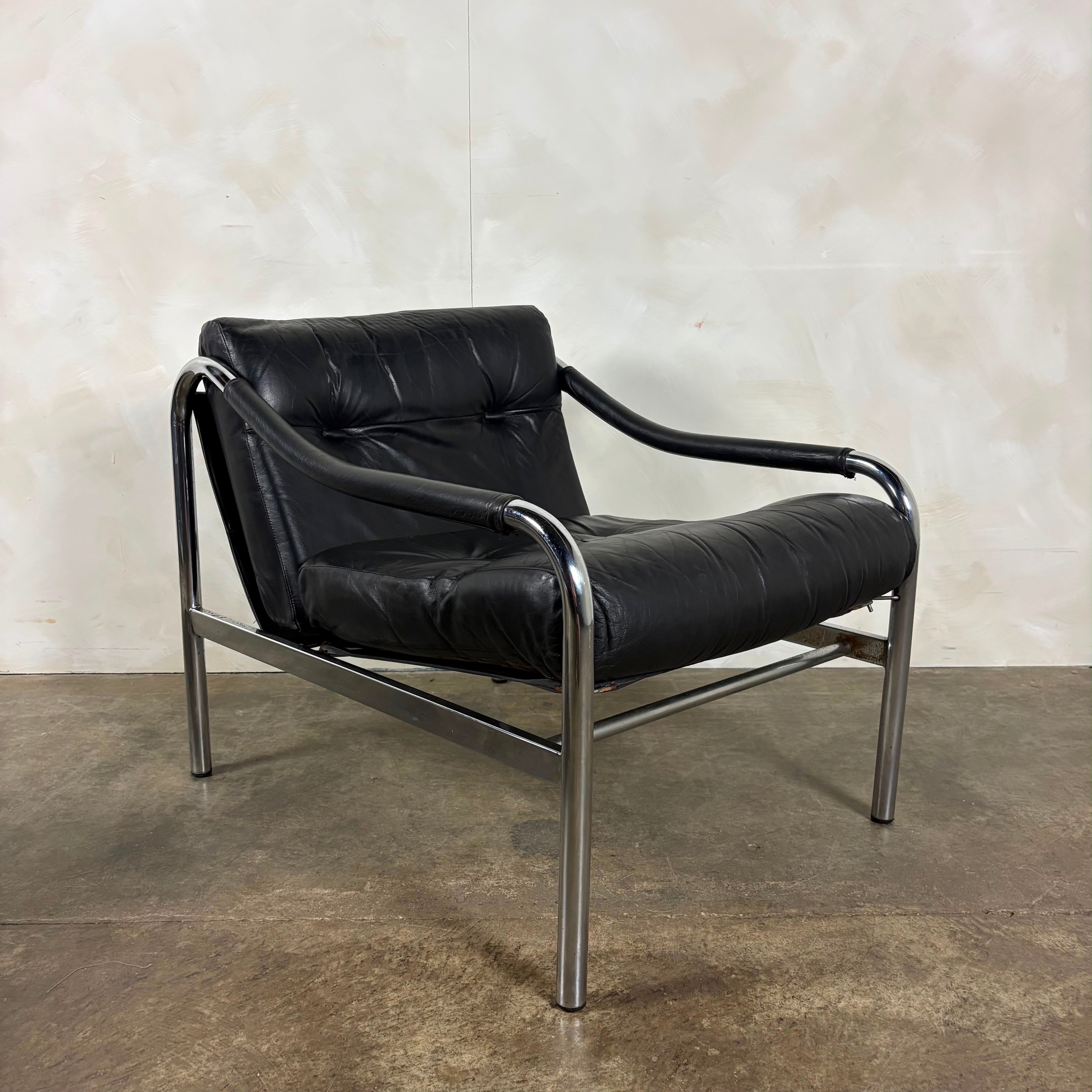 Pair Of Pieff Beta Lounge Chairs In Black Leather Mid Century Vintage Retro MCM