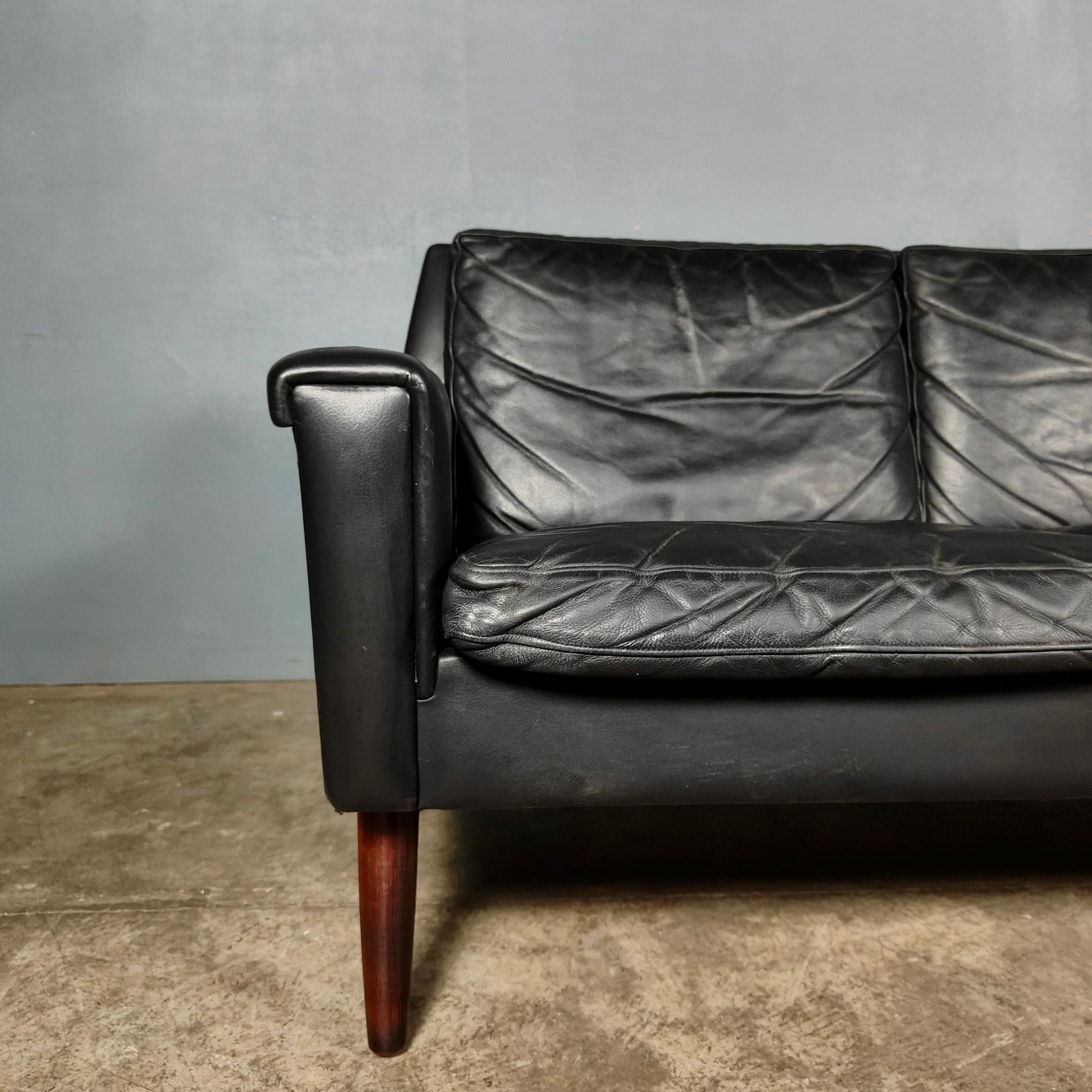 Black Leather Four Seater Sofa Danish 1960s Mid Century Vintage Retro MCM