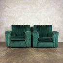 Vintage Art Deco Three Seater Sofa & Pair Of Armchairs In Emerald Turquoise Green Velvet