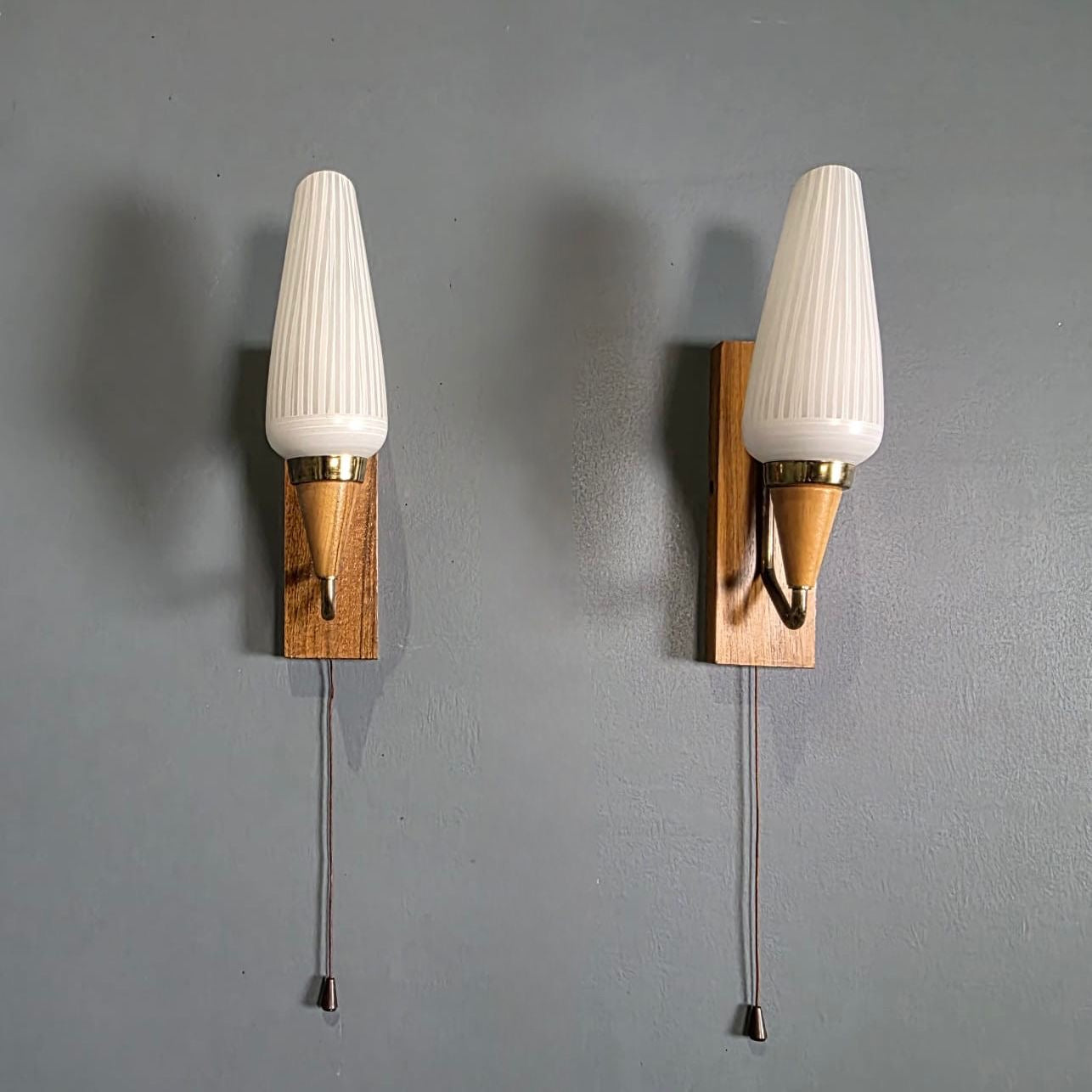SOLD Pair Of Teak Brass Glass 1960s Wall Lights Mid Century Vintage Retro MCM