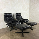 Black Leather Skoghaug Reclining Swivel Lounge Chair With Matching Footstool/Ottoman Mid Century Vintage Retro MCM