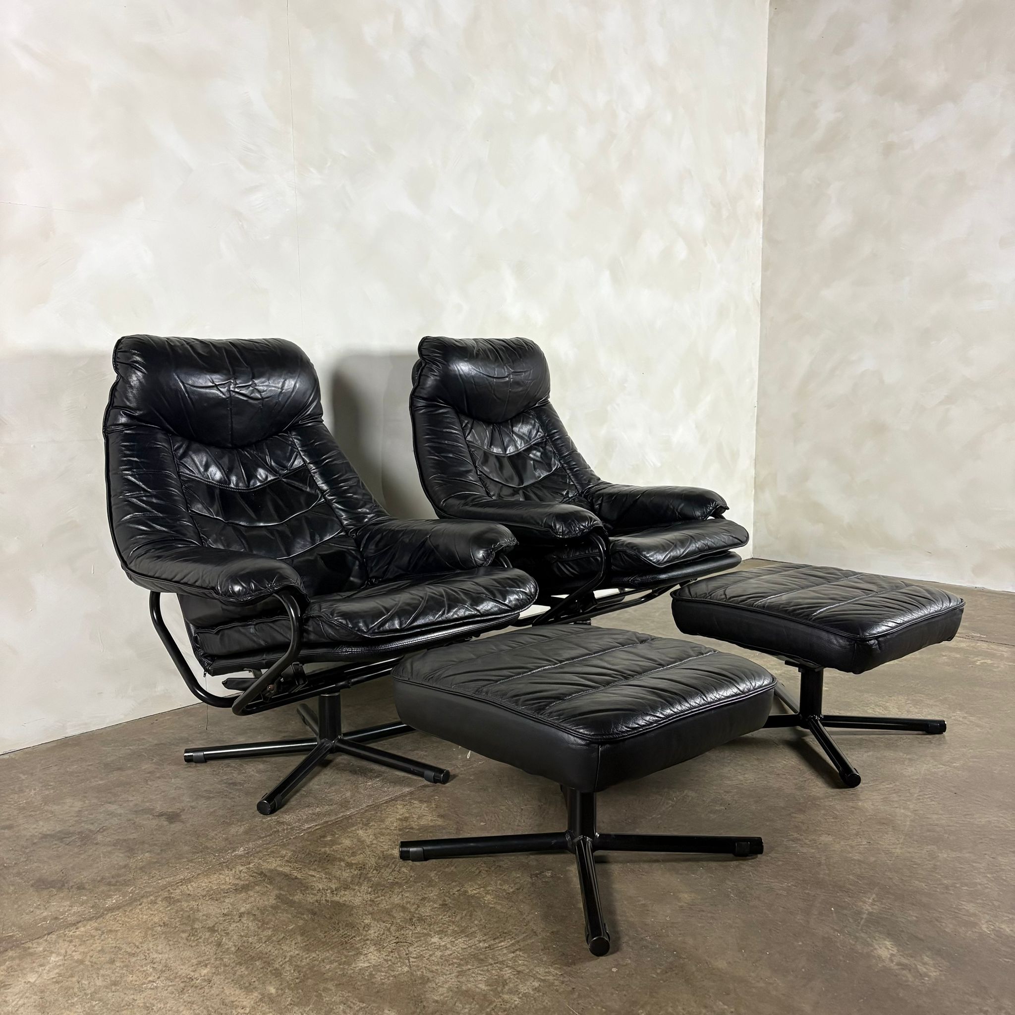 Black Leather Skoghaug Reclining Swivel Lounge Chair With Matching Footstool/Ottoman Mid Century Vintage Retro MCM