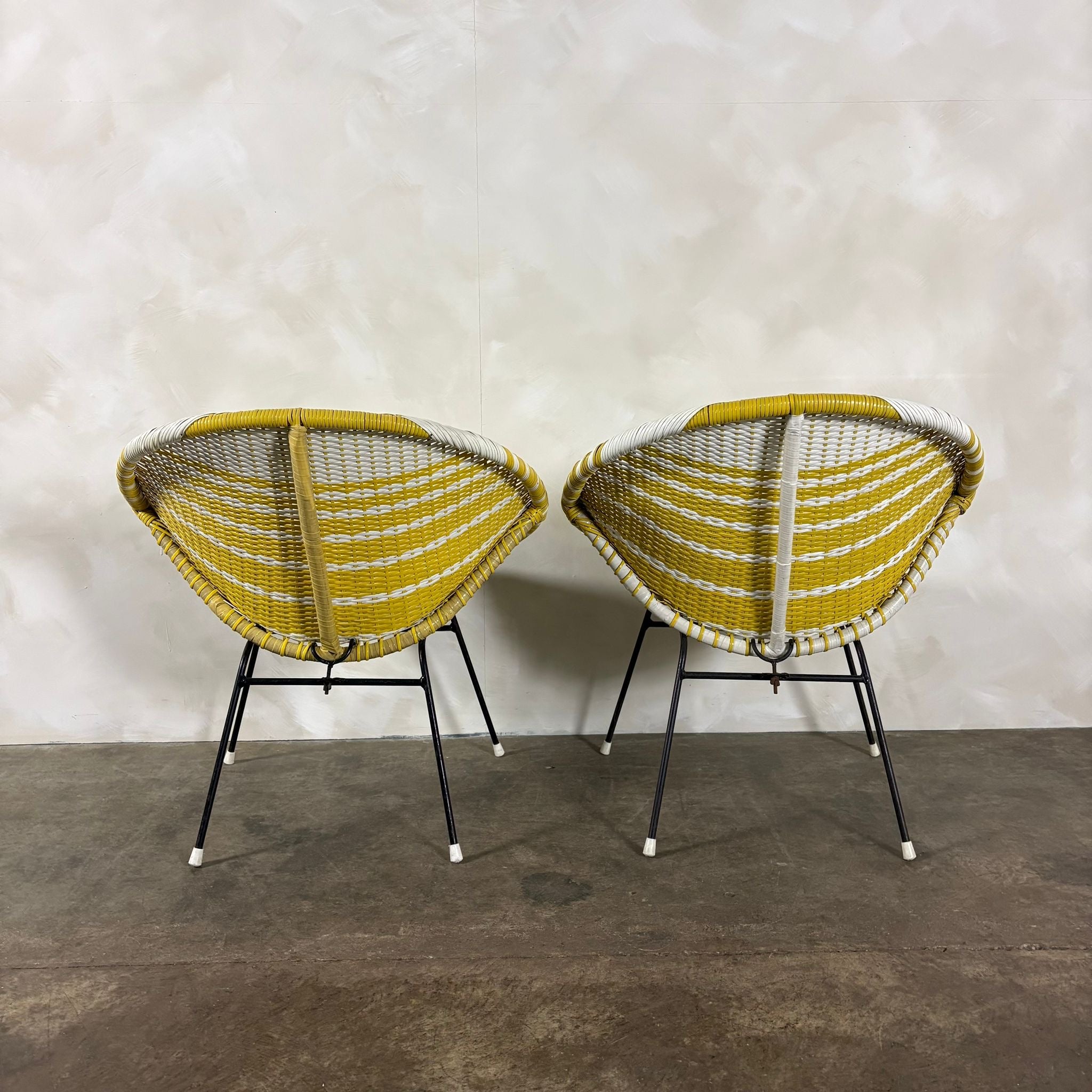 SOLD Pair Of Matching Mid Century Sputnik Yellow & White Lounge Chairs Vintage Retro MCM