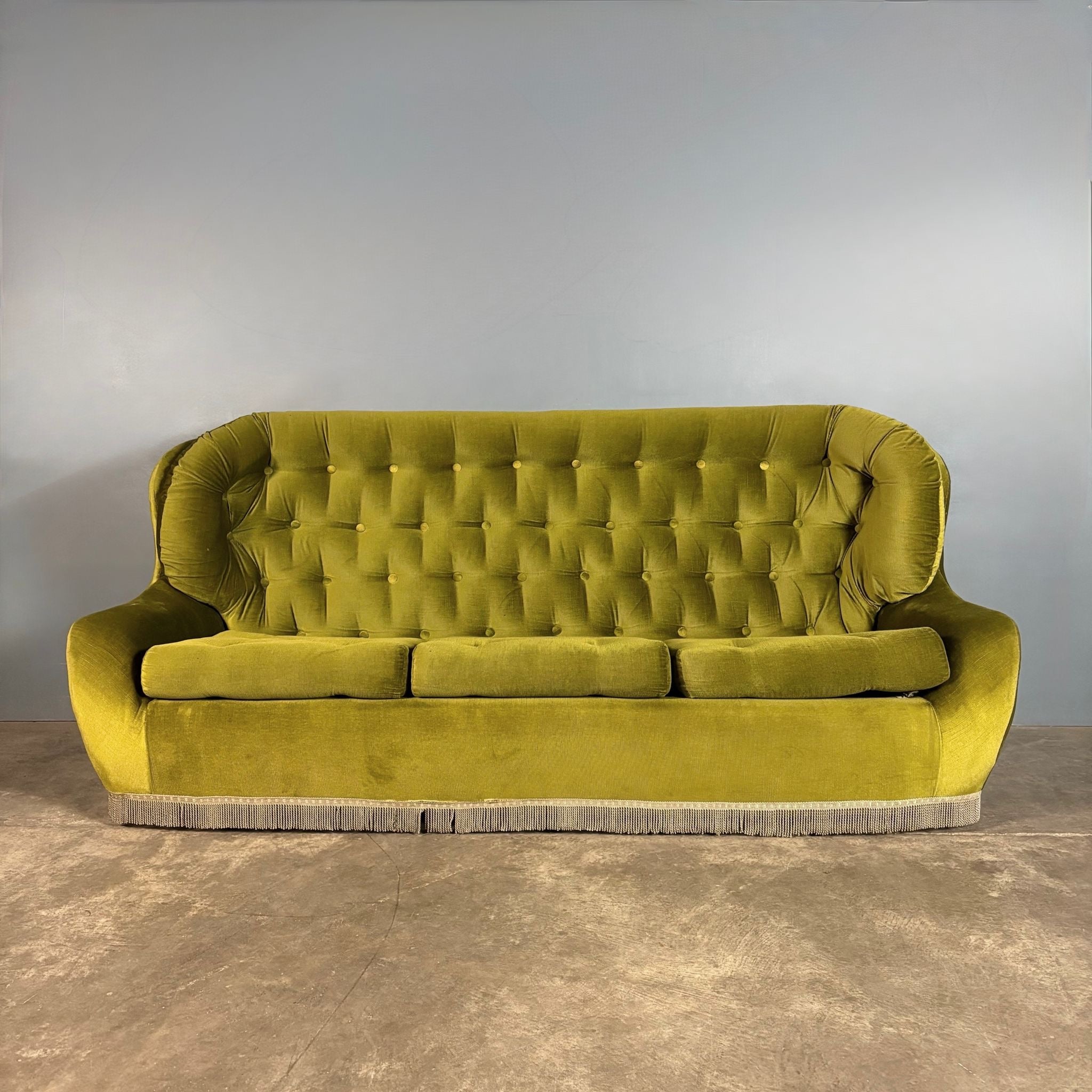 Mid Century Three Seater Sofa Green Velvet Vintage Retro MCM