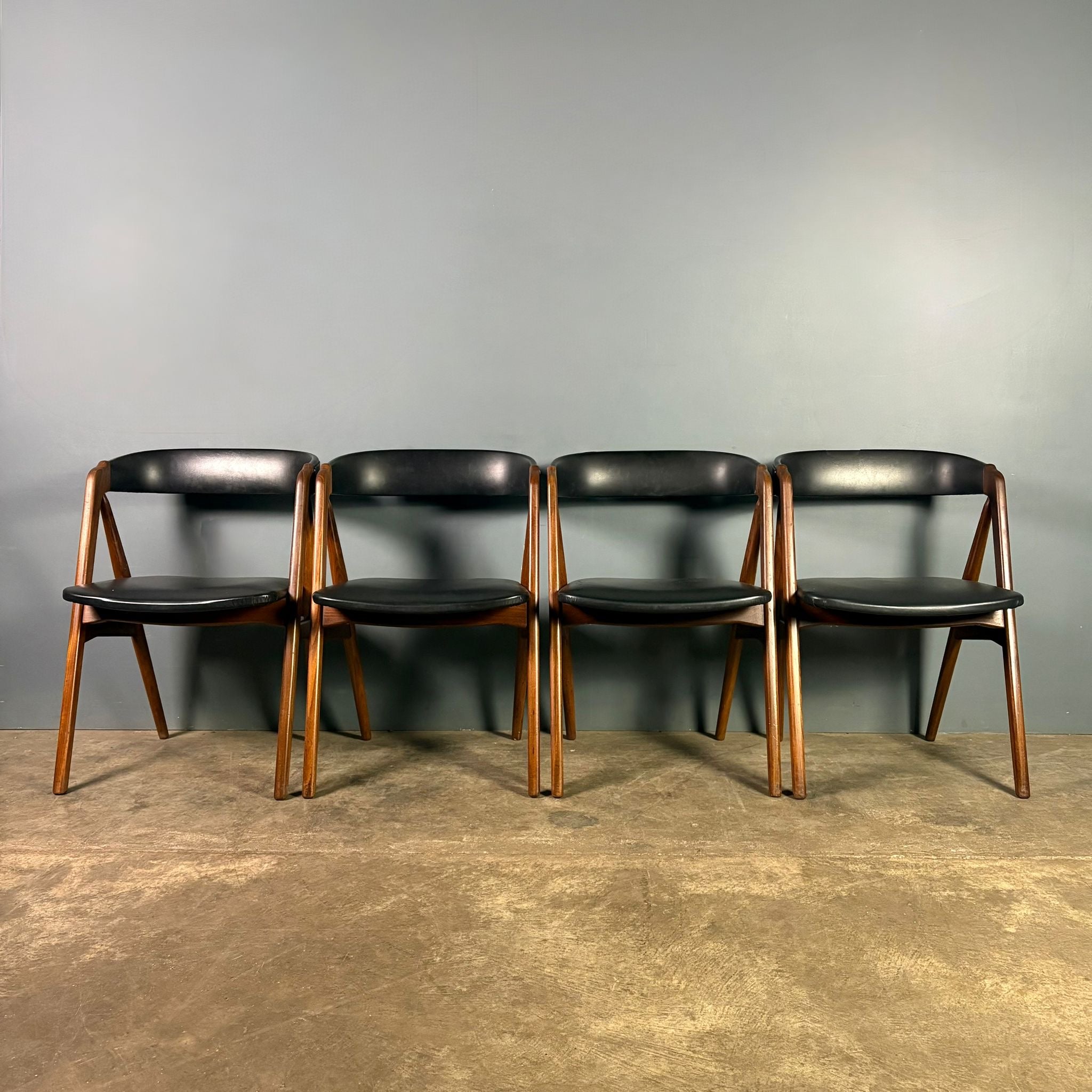 SOLD Four Teak Dining Chairs Kai Kristiansen Model 31 & Thomas Harlev For Farstrup Model 205 Mid Century Vintage Retro MCM