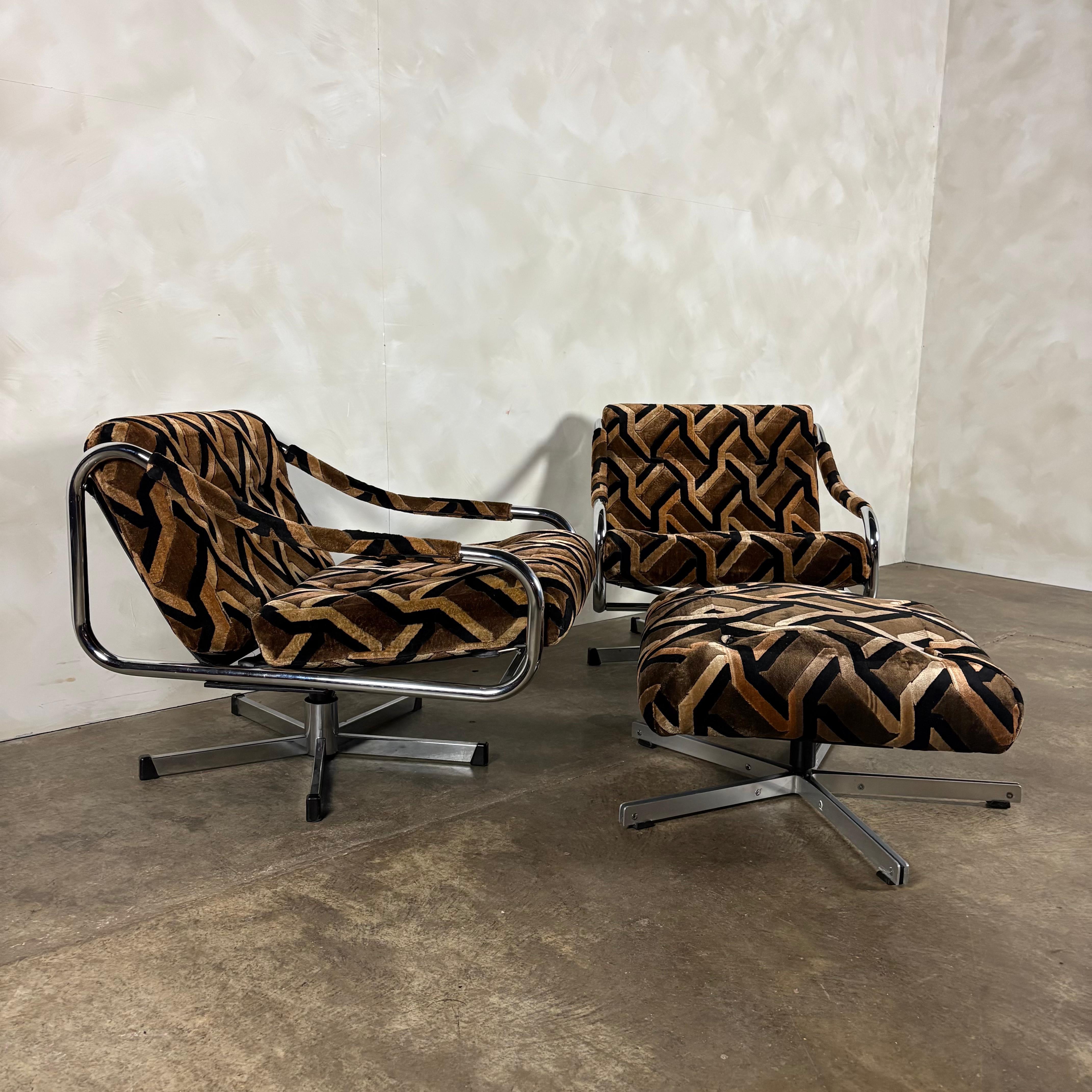 Pair Of Pieff Beta Swivel Lounge Chairs Geometric Fabric Footstool Mid Century Vintage Retro MCM