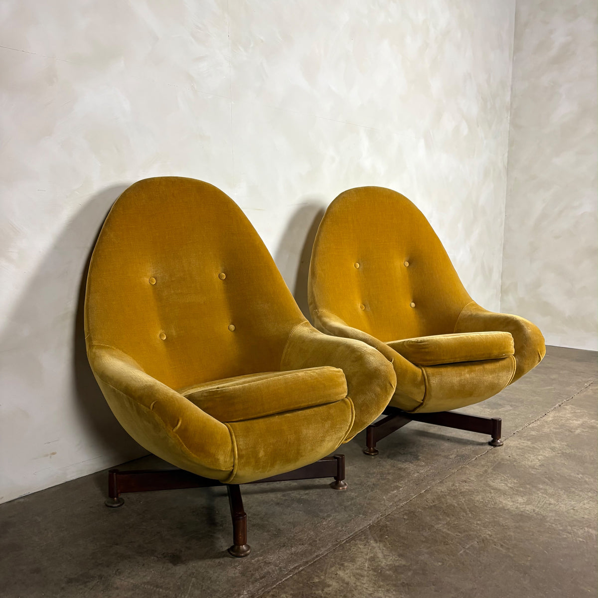 Pair Of Greaves & Thomas Yellow Mustard Egg Swivel Lounge Chairs Mid Century Vintage Retro MCM