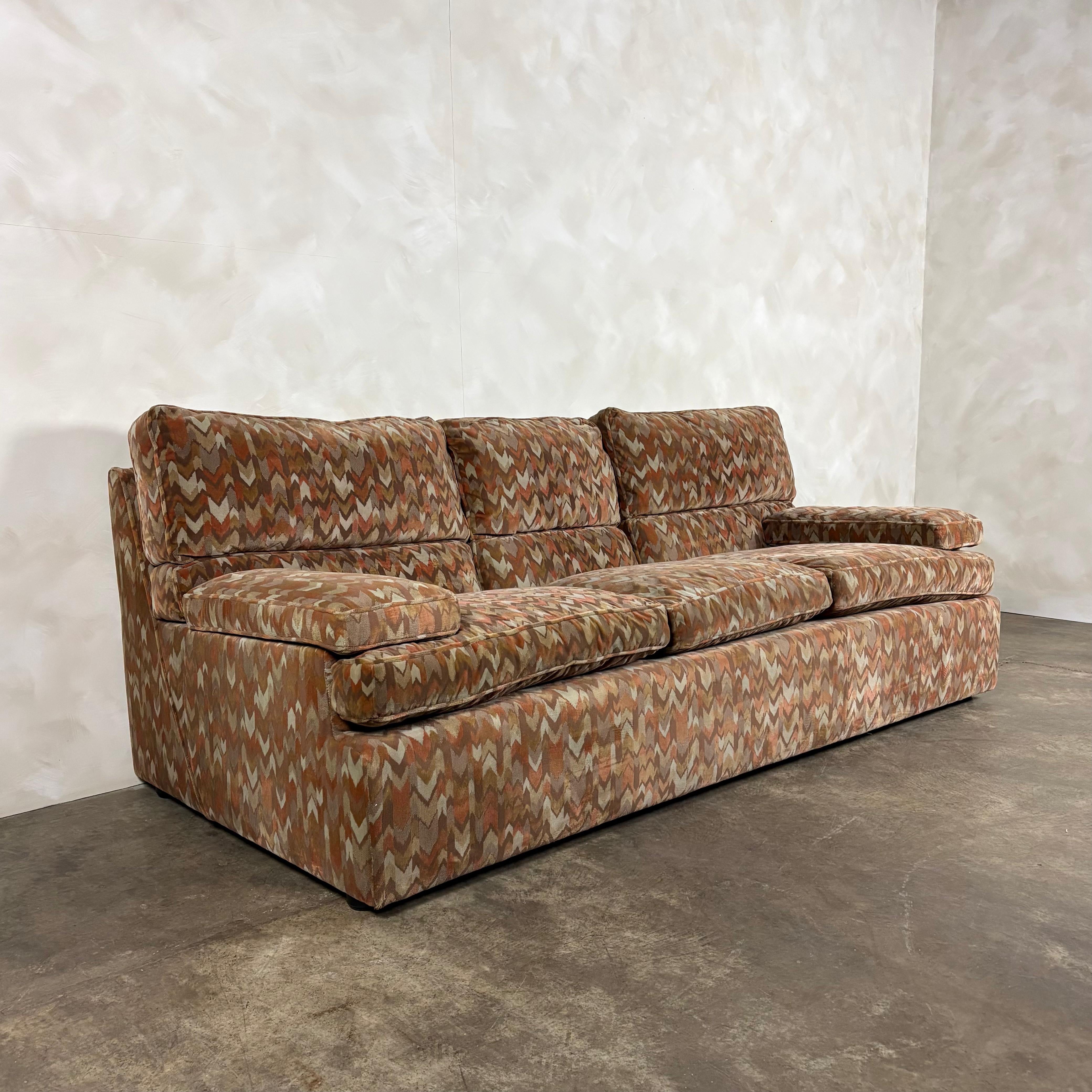 1980s Three Seater Geometric Patterned Sofa & Footstool Post Modern Mid Century Vintage Retro MCM