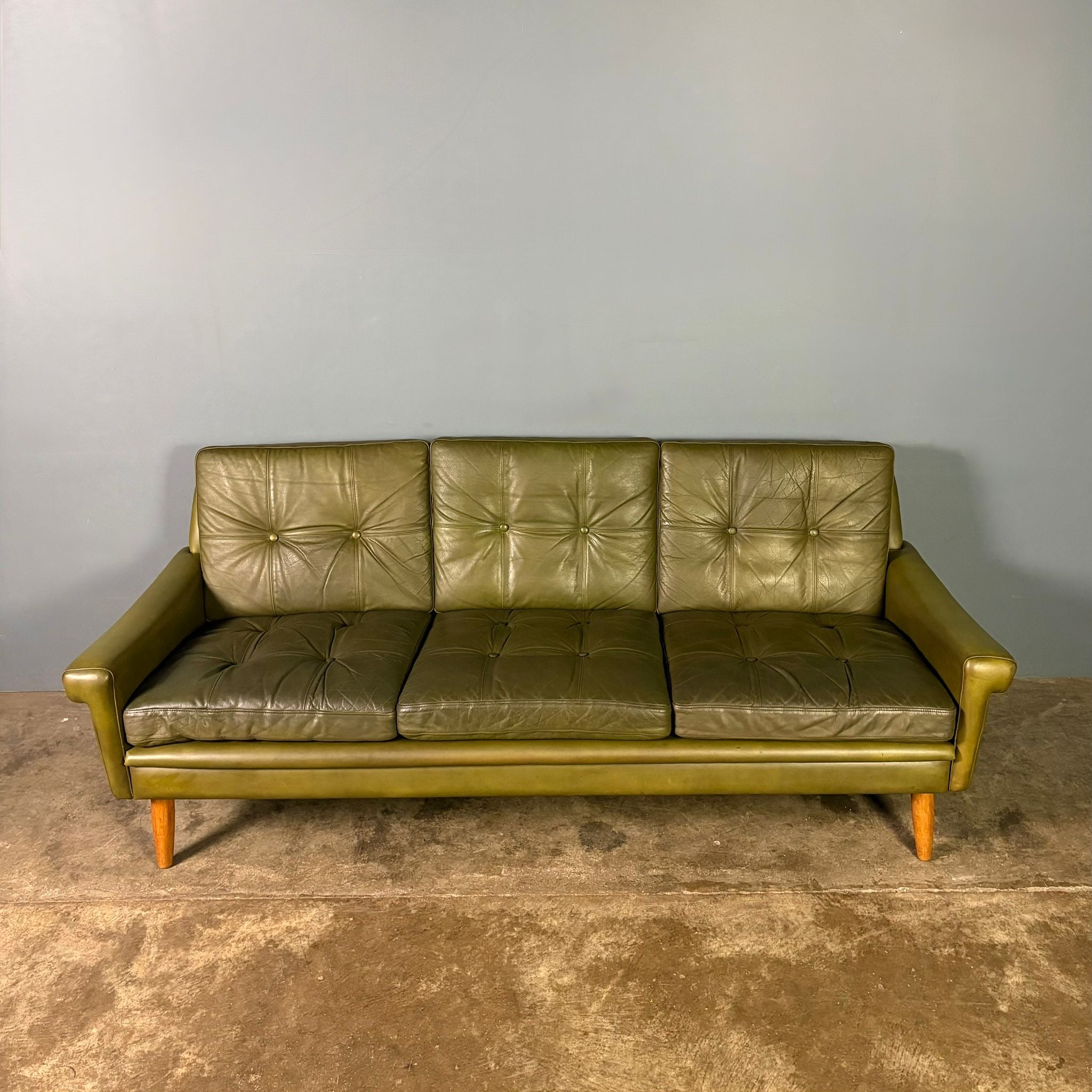 SOLD Mid Century Danish Svend Skipper Three Seater Sofa Green Leather Vintage Retro MCM
