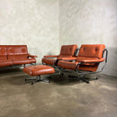 Mid Century Pieff Alpha Tan Brown Leather Three Seater Sofa & Two Swivel Lounge Chairs With Footstool Vintage Retro MCM