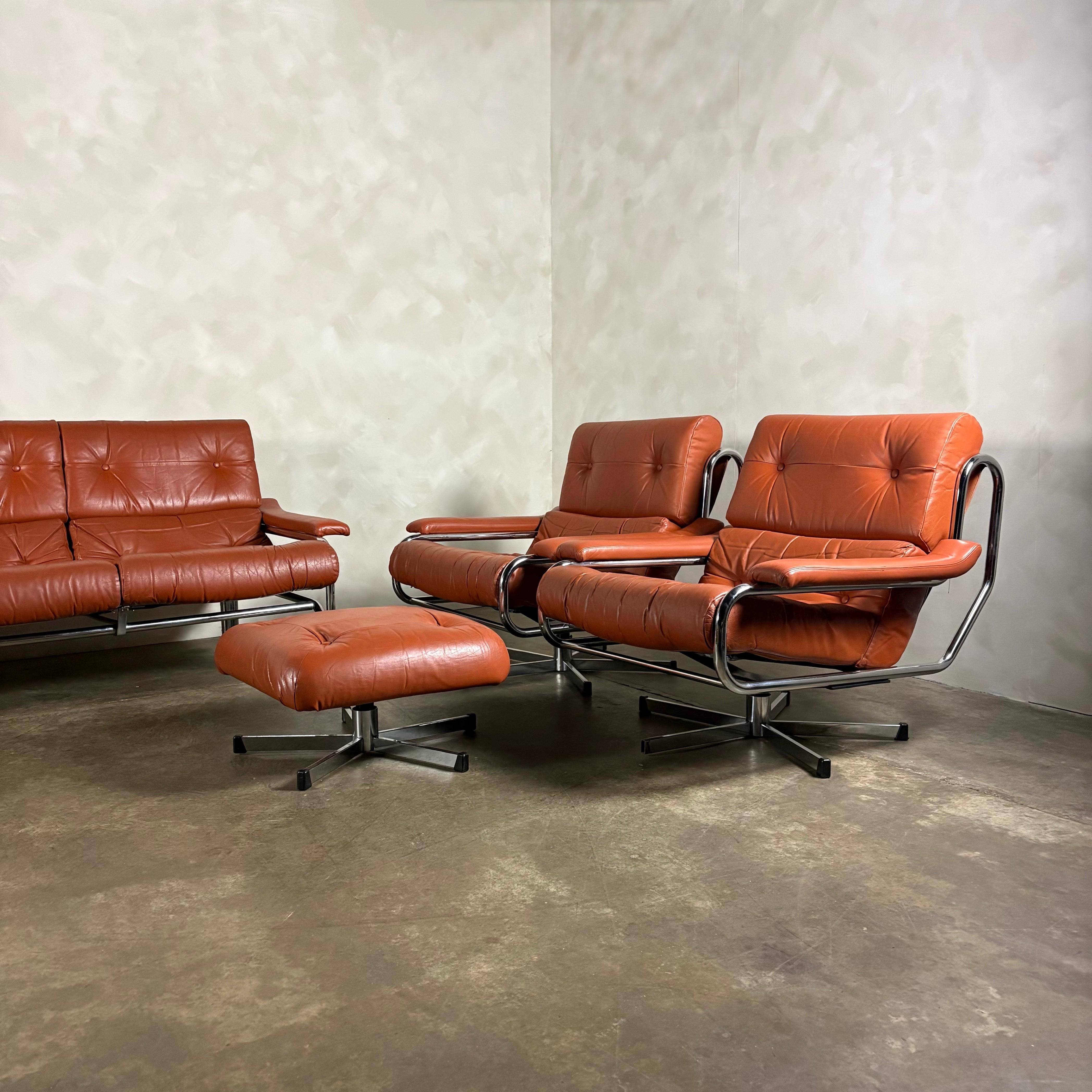 Mid Century Pieff Alpha Tan Brown Leather Three Seater Sofa & Two Swivel Lounge Chairs With Footstool Vintage Retro MCM