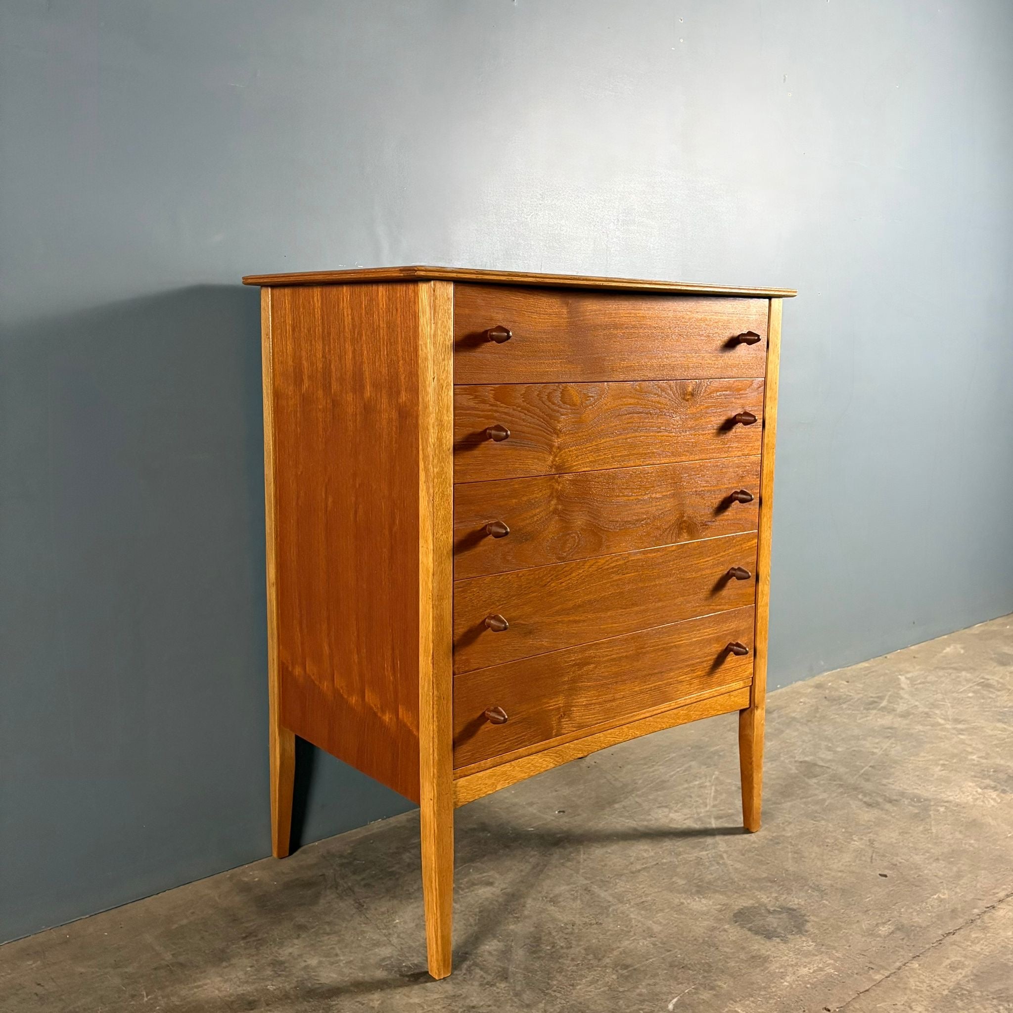 Mid Century Walnut Beech Chest Of Drawers/Tall Boy By W&T Lock Of Bath Vintage Retro MCM