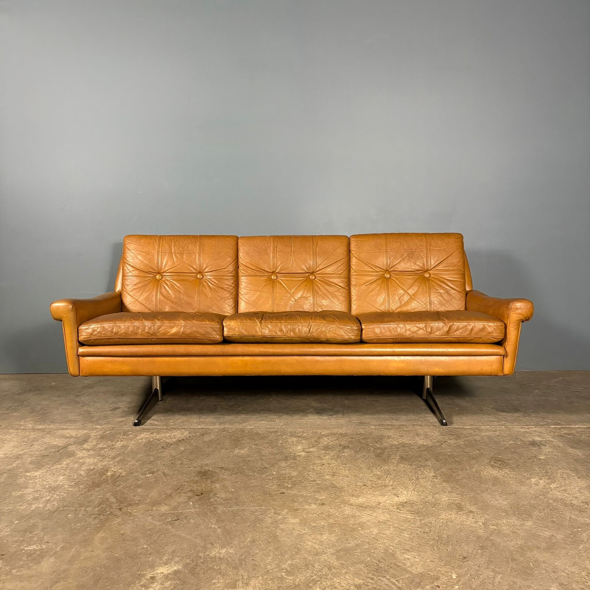 SOLD Mid Century Danish Svend Skipper Three Seater Sofa Cognac Leather Vintage Retro MCM
