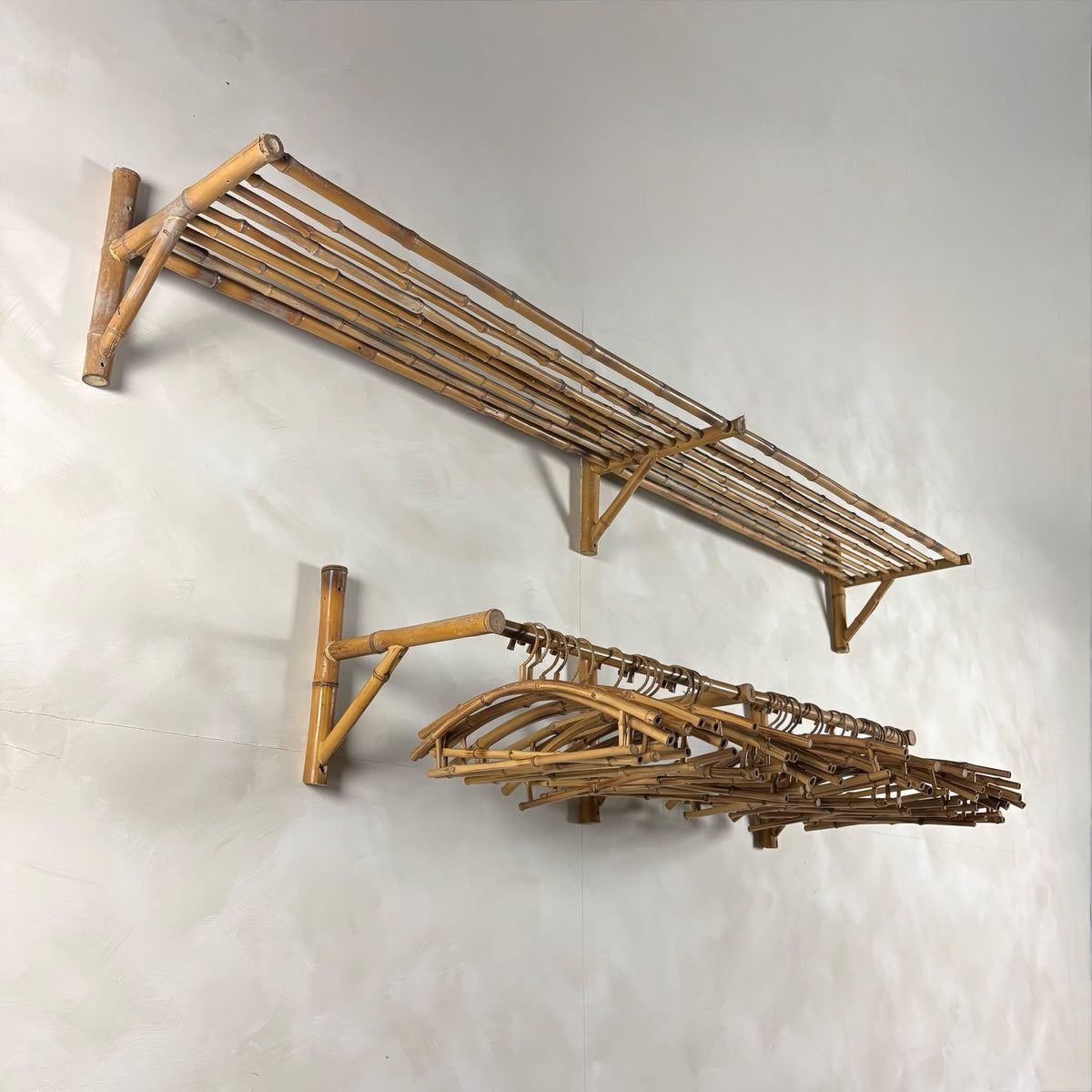Mid Century Vintage Bamboo Wall Shelf & Hanging Rail With Coat Hangers Retro MCM