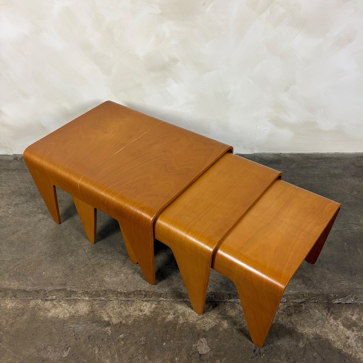 Marcel Breuer For Isokon Set Of Three Bent Beech Plywood Nesting Tables 1960s Mid Century Vintage Retro MCM
