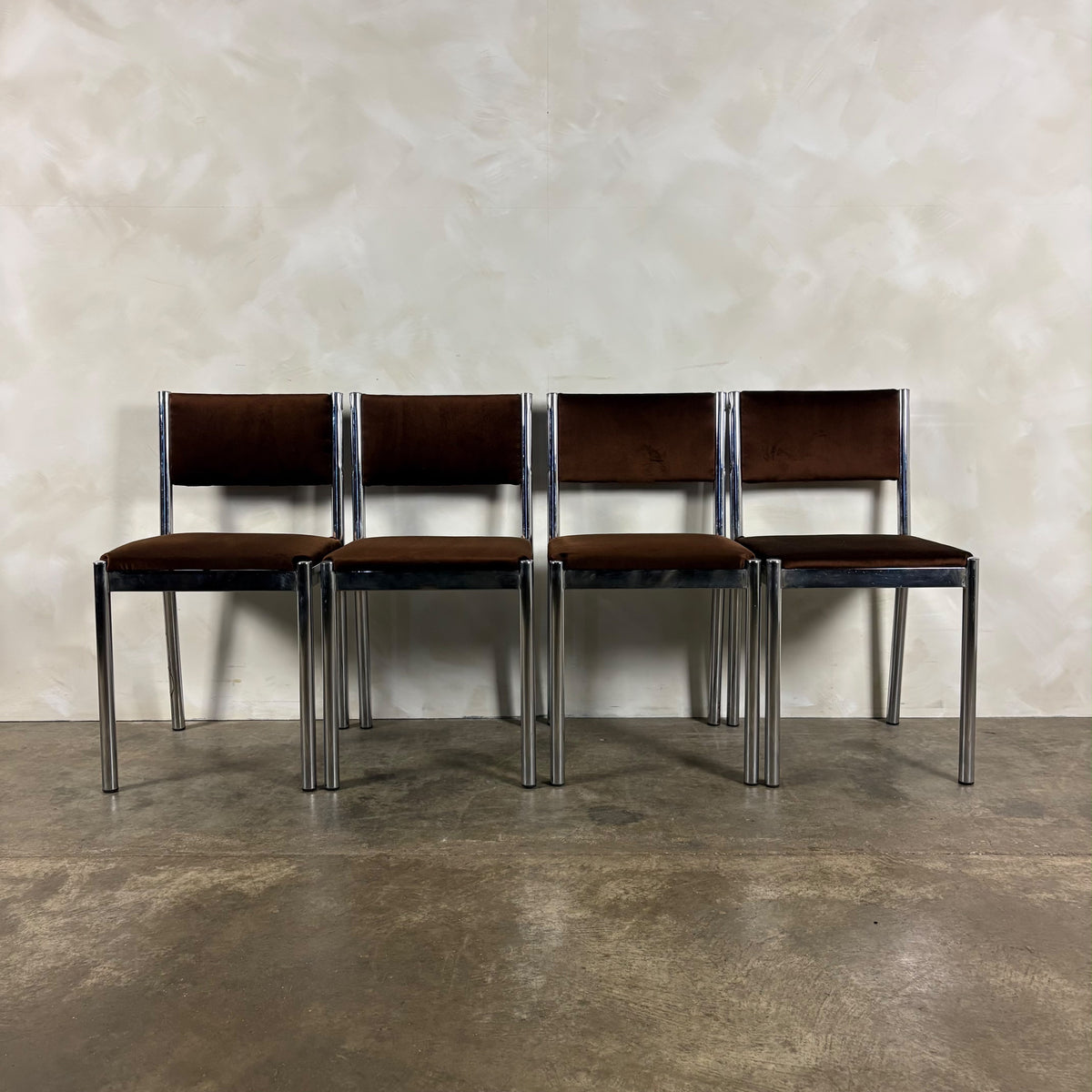 Set Of Four 1970s Chrome Brown Italian Dining Chairs Mid Century Vintage Retro MCM