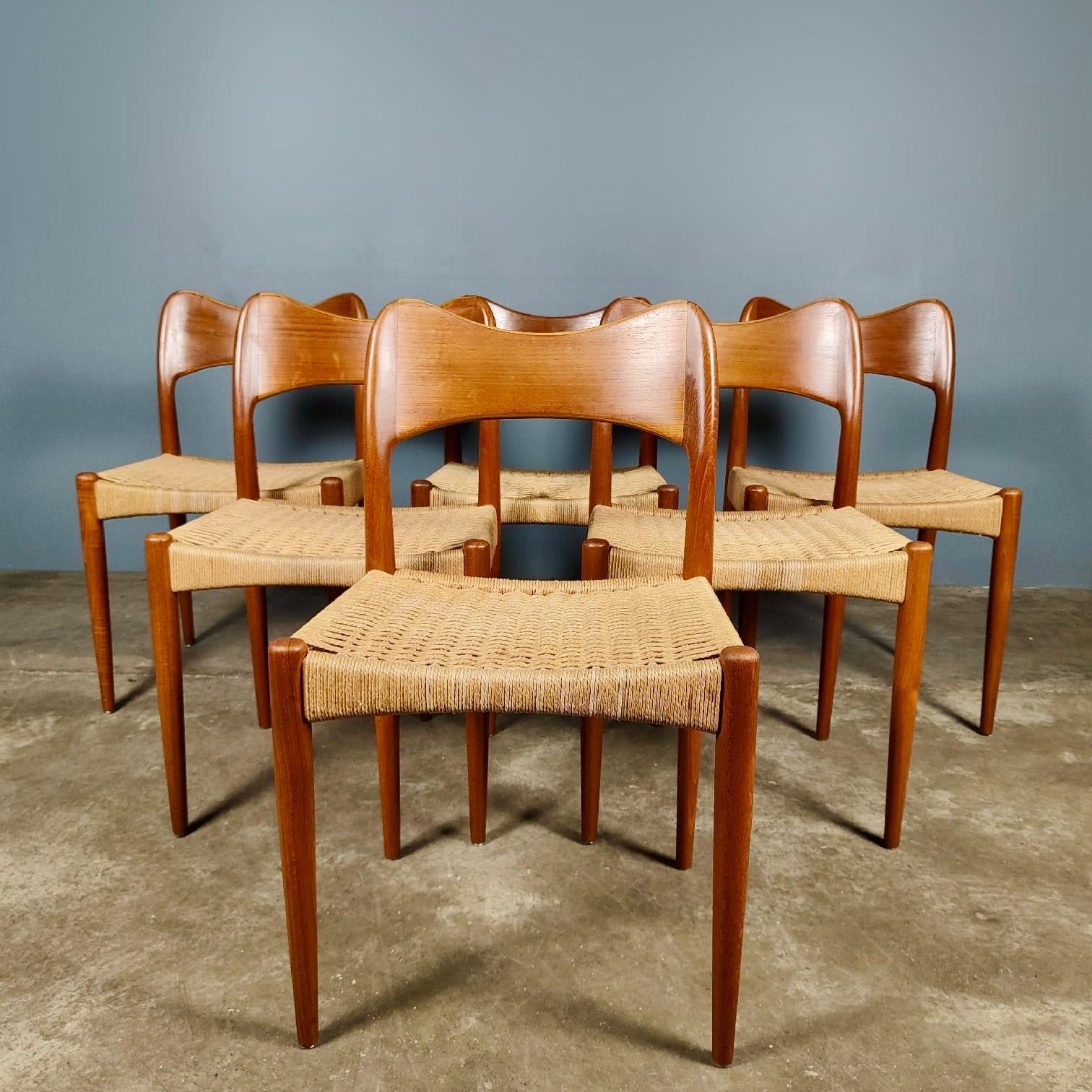 SOLD 6 x Papercord Danish Dining Chairs By Arne Hovmand-Olsen For Mogens Kold Mid Century Vintage Retro MCM