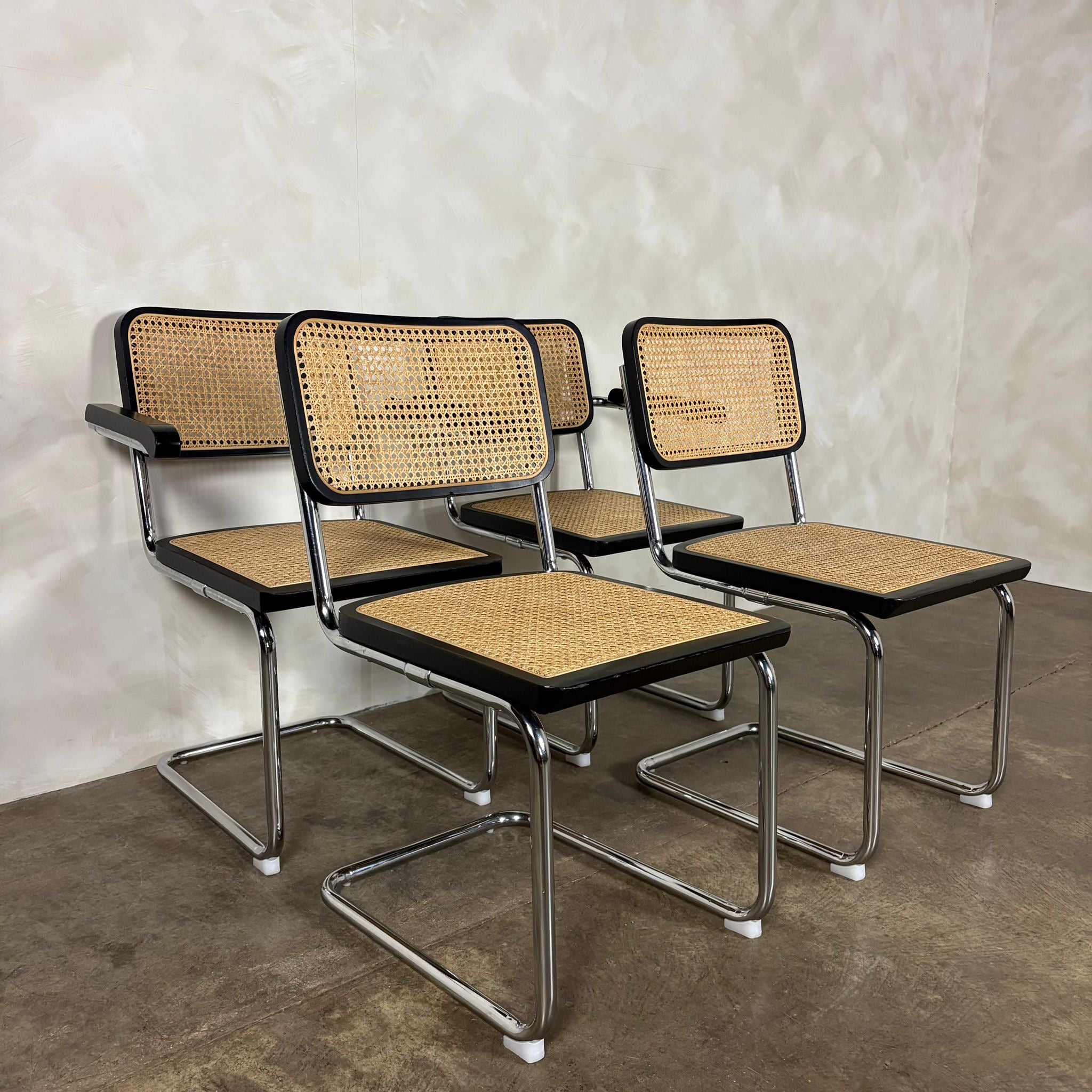 Four Black Cane Rattan Marcel Breuer Cesca Dining Chairs Mid Century Vintage Retro MCM