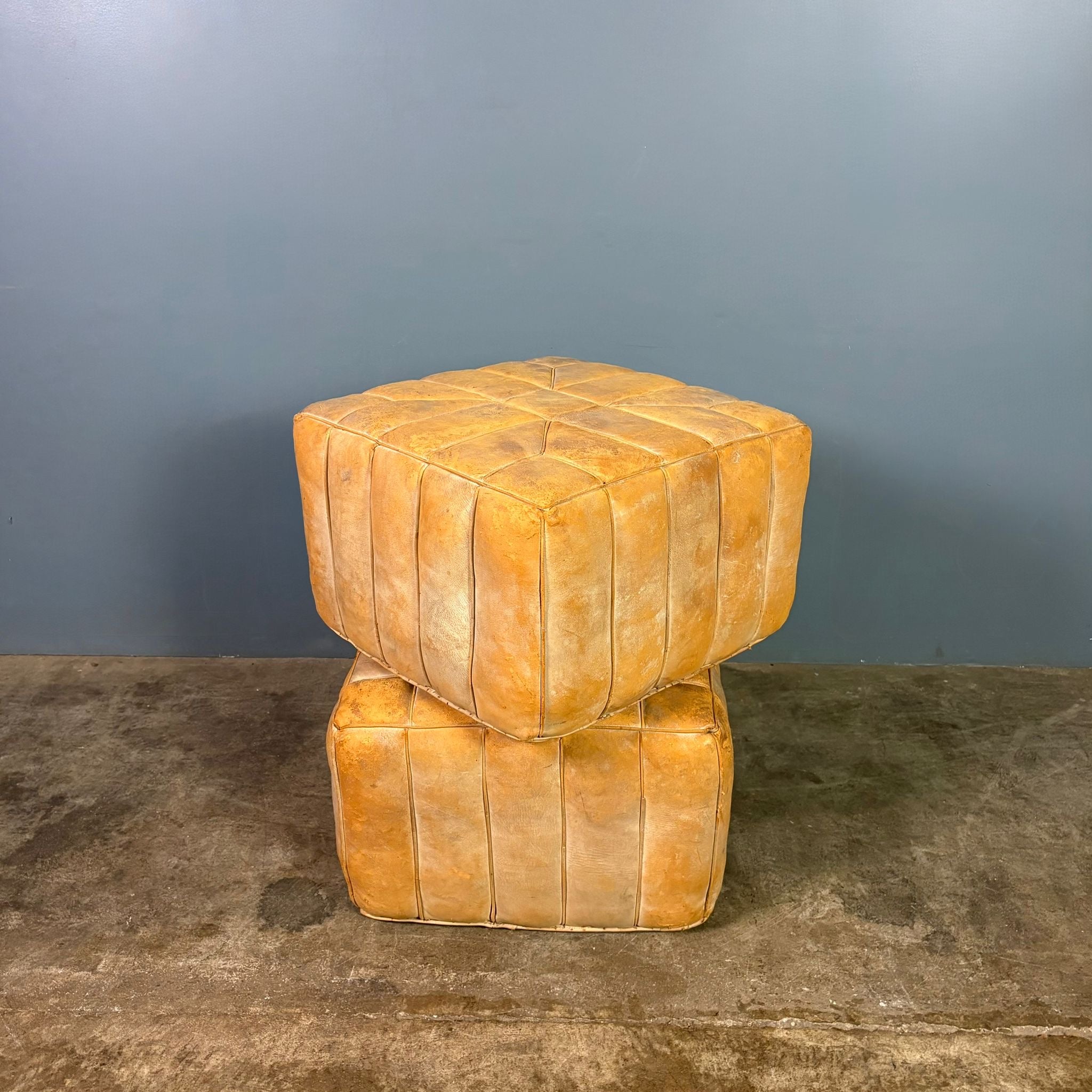 Pair Of Matching De Sede Style Distressed Patchwork Leather Footstools/Ottomans/Pouffes Mid Century Vintage Retro MCM