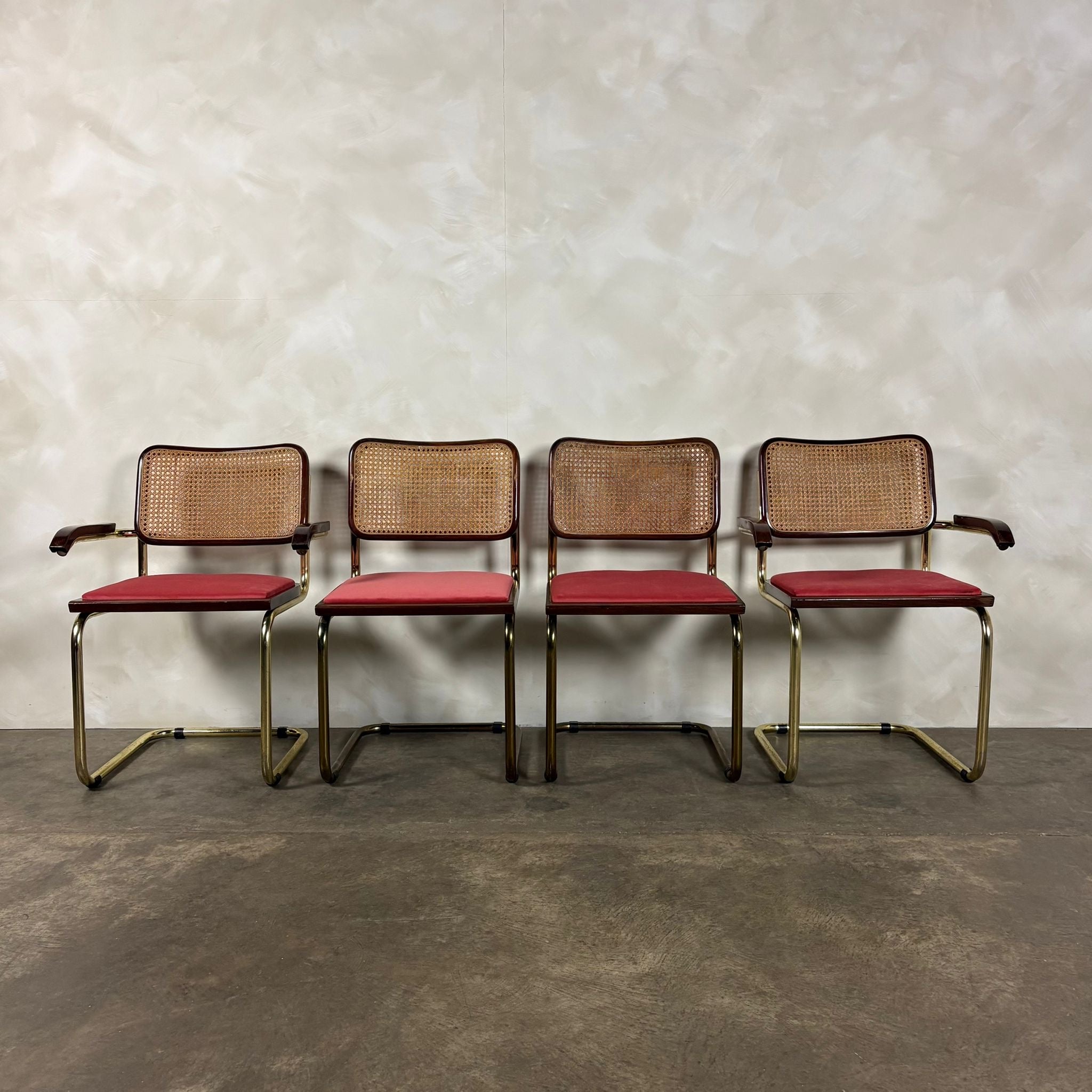 Four Brass Pink Cane Rattan Marcel Breuer Cesca Dining Chairs Mid Century Vintage Retro MCM