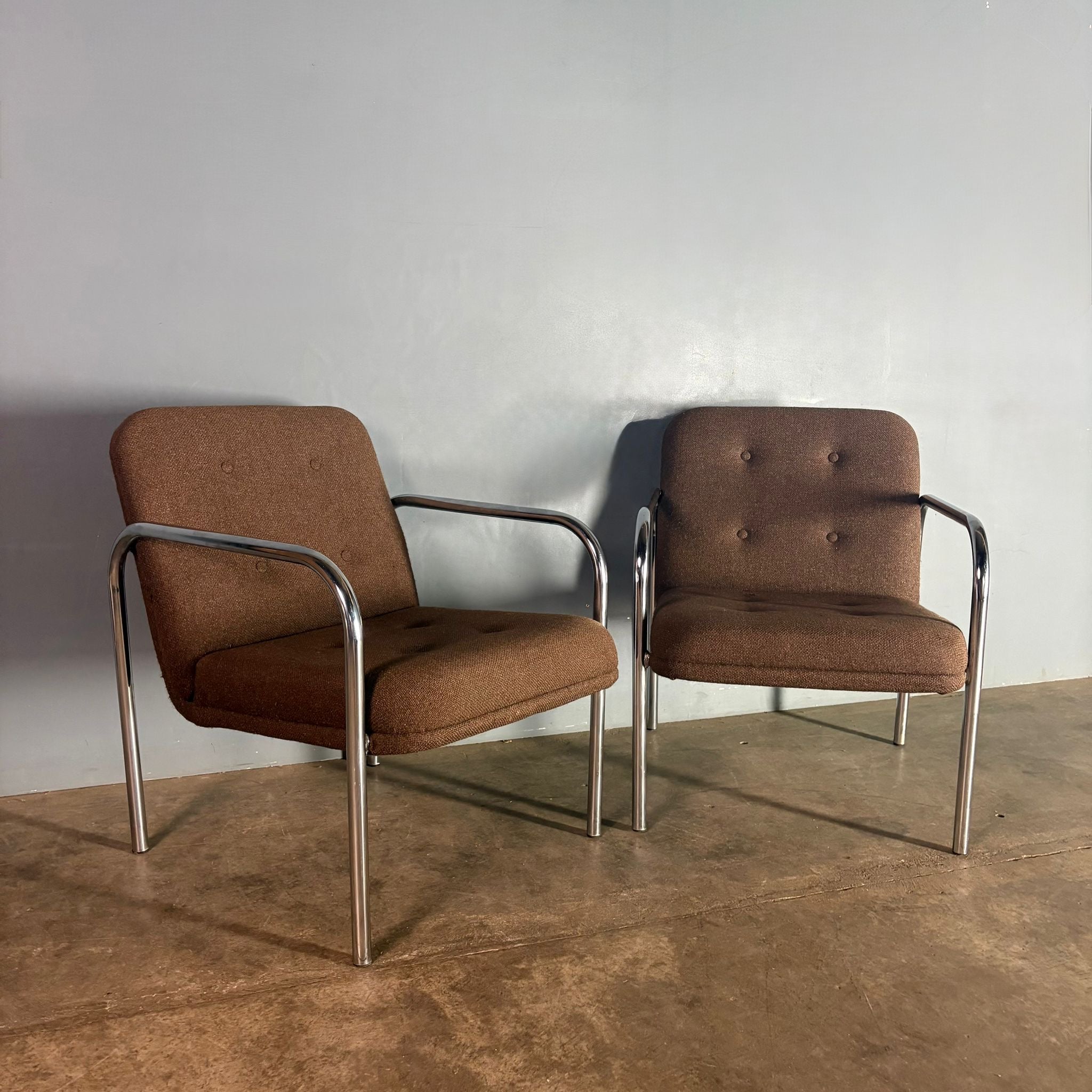 Pair Of Brown Wool Chrome Lounge Chairs Mid Century Vintage Retro MCM