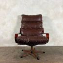 Scandinavian Swivel Brown Leather Lounge Chair Mid Century Vintage Retro MCM