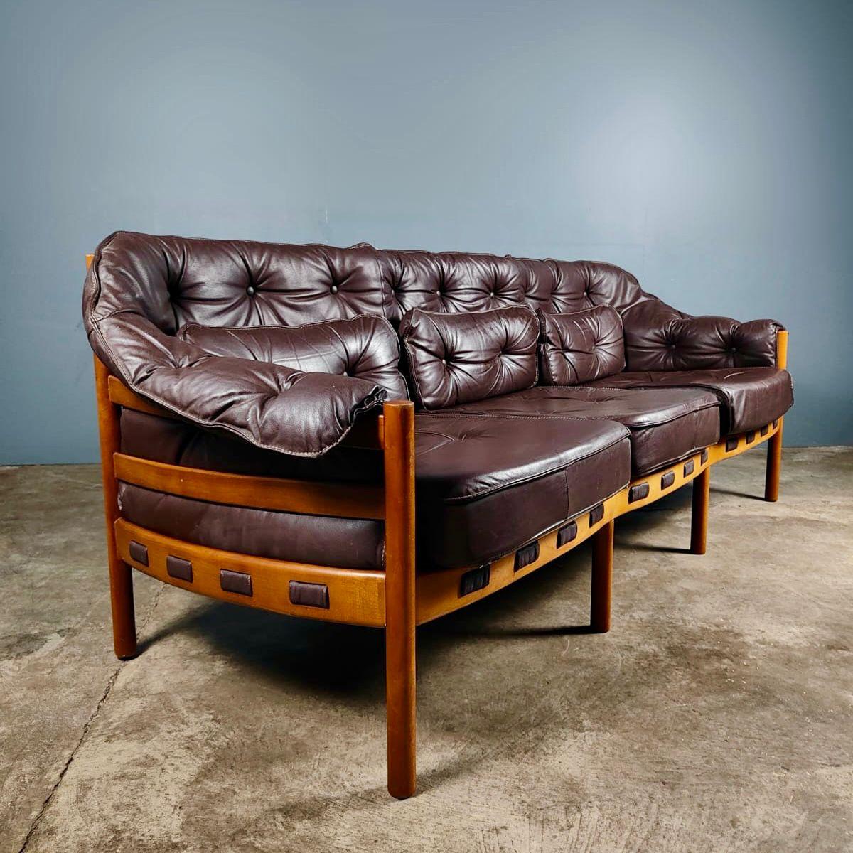 Mid Century Three Seater Sofa Arne Norell & Sven Ellekaer Coja In Brown Leather Vintage Retro MCM