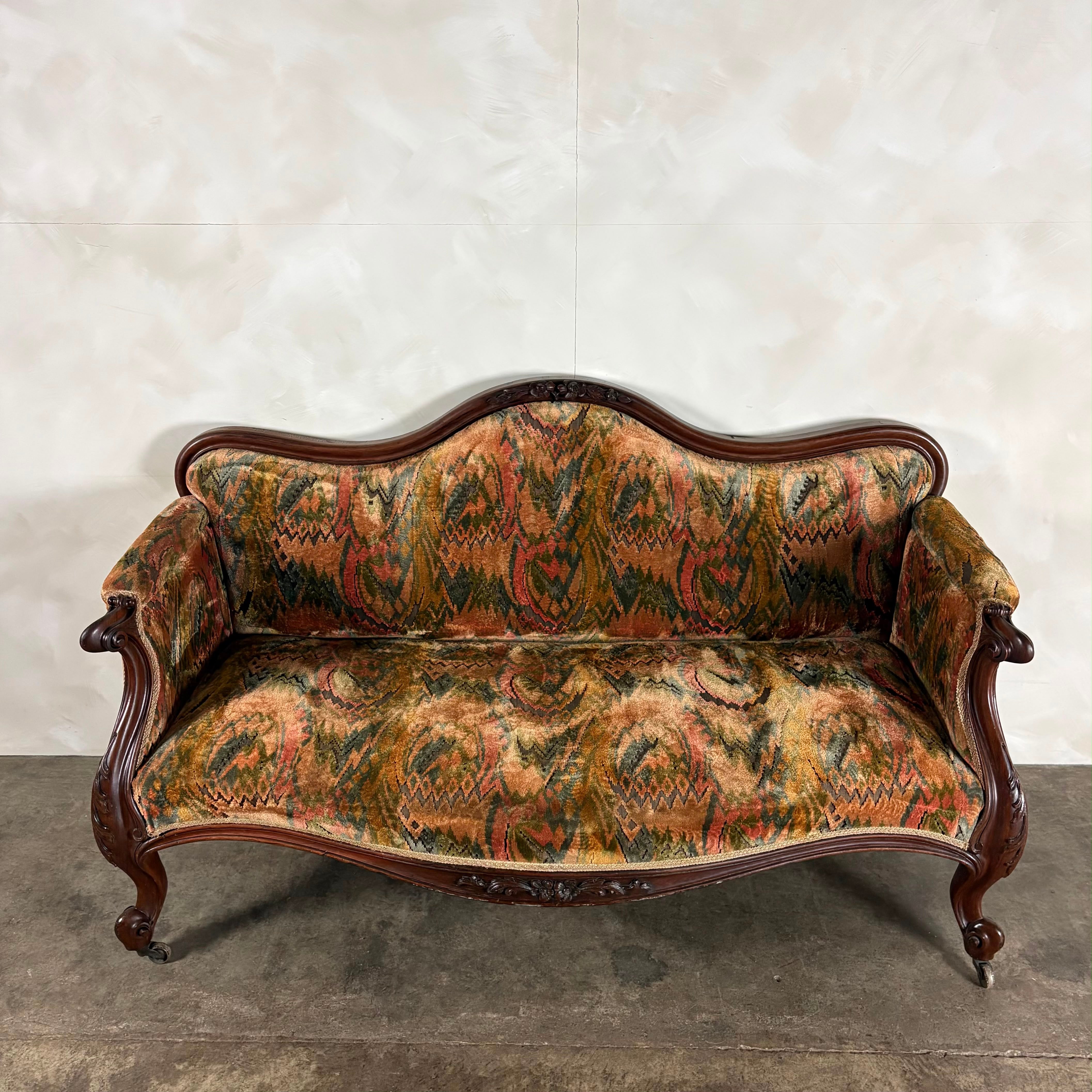 Antique Flamestitch Walnut Mahogany Canapé Three Seater Sofa Louis Style Victorian