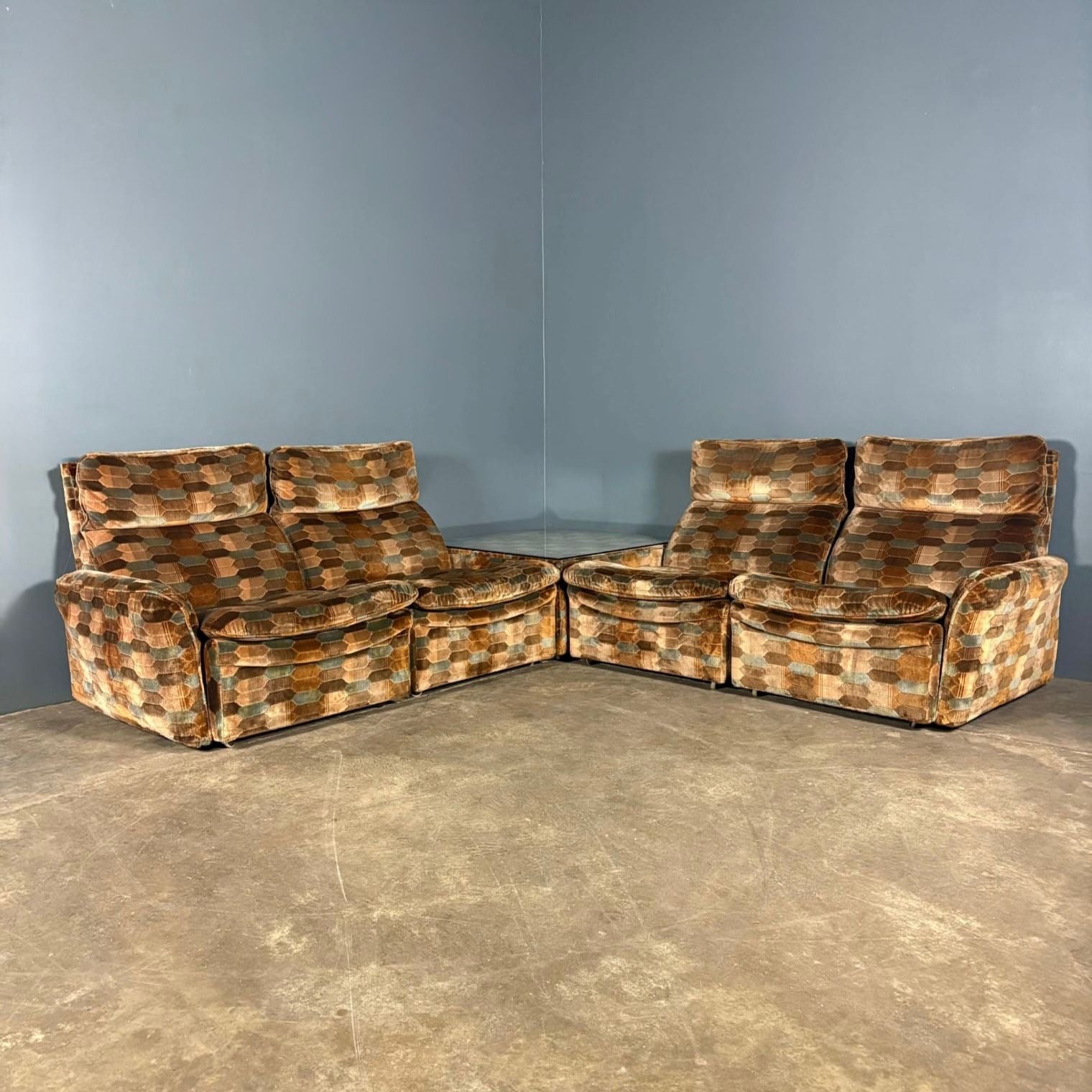 Mid Century Everest Modular Lounge Suite Brown Blue Hexagonal Geometric Vintage Retro MCM