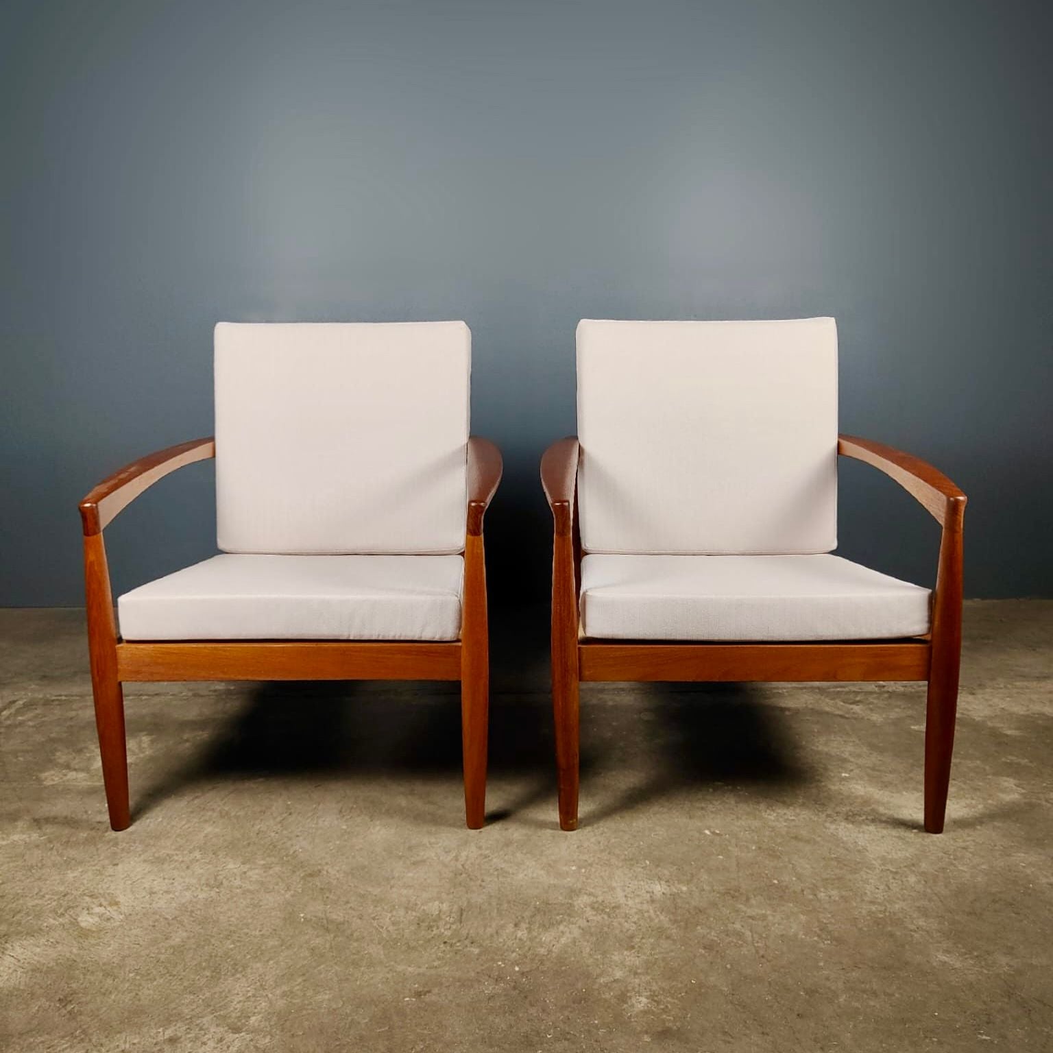 SOLD Pair Of Paper Knife Lounge Chairs Kai Kristiansen Magnus Olesen 1962 Model 121 Teak Mid Century Vintage Retro MCM