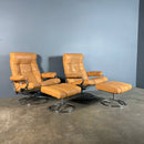 SOLD Pair Of Mid Century Leather & Chrome Ekornes Stressless Reclining Armchairs & Footstools Vintage Retro MCM