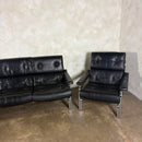 Mid Century Pieff Alpha Black Leather Three Seater Sofa With Matching Lounge Chair Vintage Retro MCM